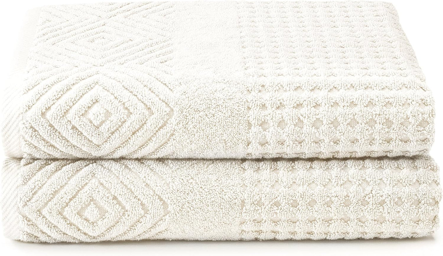 Texere 100% Organic Cotton Diamond Jacquard 700 GSM Luxury Bath Towel Sets - Ultra Soft and Absorbent Hotel and Spa Quality (Diamond, Cream, 2 Bath Towels)