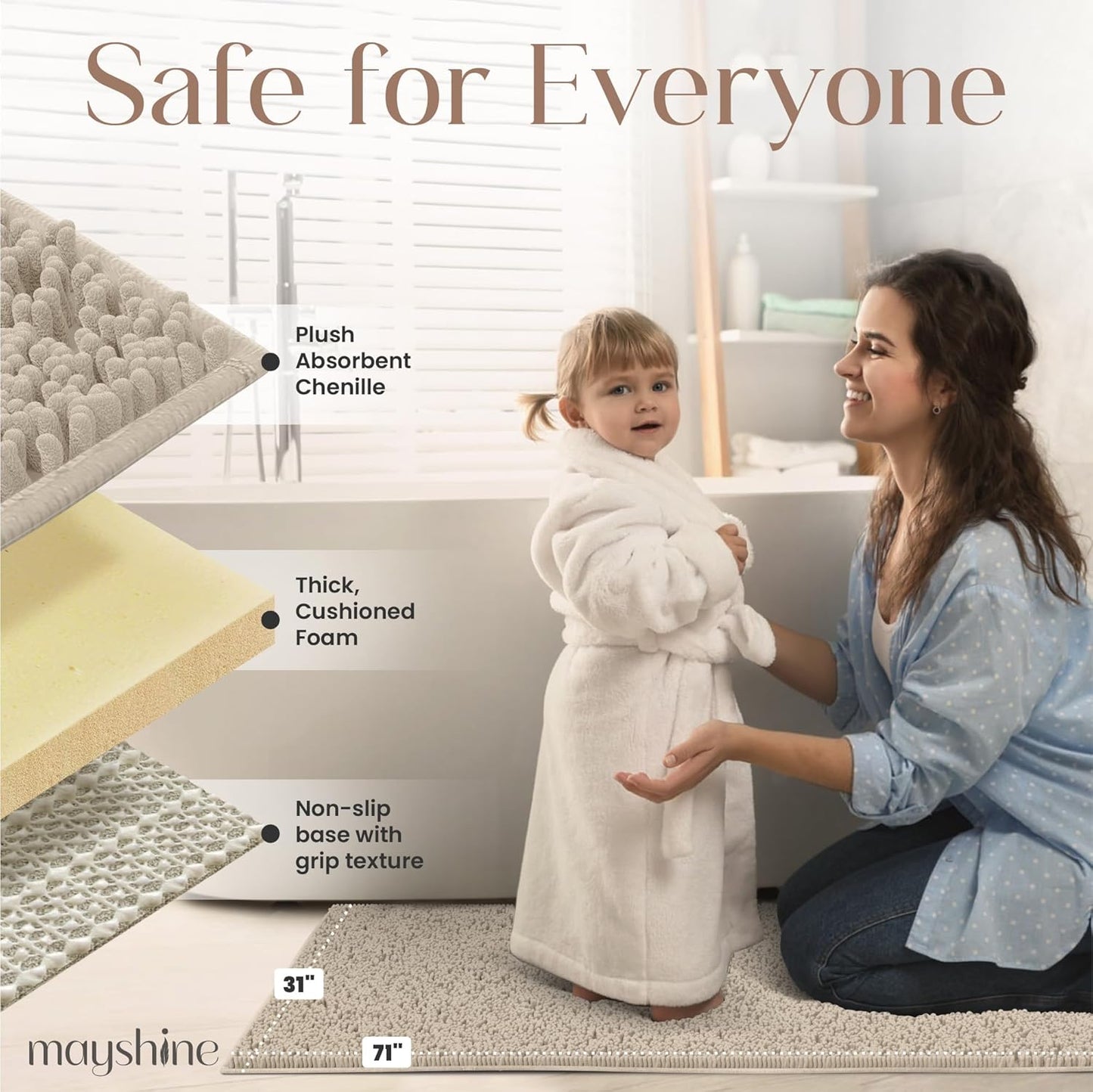 MAYSHINE Plush Shaggy Chenille Bath Mat | Extra Soft, Super Absorbent, Non-Slip Bathroom Rug | Fluffy Microfiber, Area Rug Sets for Bathroom Floor, Kitchen, Living Room | 71"x31" | Beige