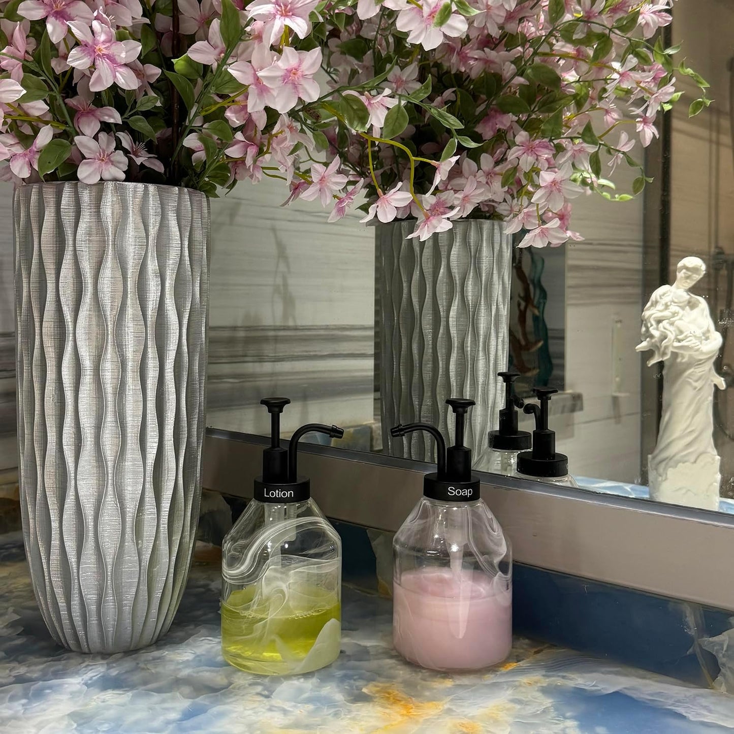 Bathroom Glass Soap Dispenser Set, 2 Pcs Unique 3D Cloud Pattern Thick Glass Soap Bottle with Rust-Free Black ABS Pump for Kitchen Counter Dish Soap Dispenser (375ml/12.7 Oz)