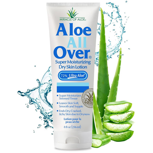 Miracle of Aloe Aloe All Over Super Moisturizing Dry Skin Lotion 8 oz - Made with 72% UltraAloe Aloe Vera Gel. Safe for Everyone: Men, Women, Children, Kids. Restores Dry Skin Fast