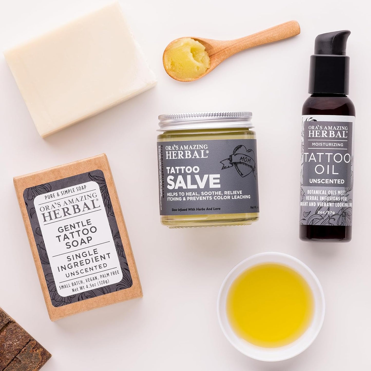Ora's Amazing Herbal All The Tattoo Aftercare Set, Tattoo Salve, Oil & Soap, Natural Tattoo Aftercare Set, Balm, Moisturizer, Made in the USA