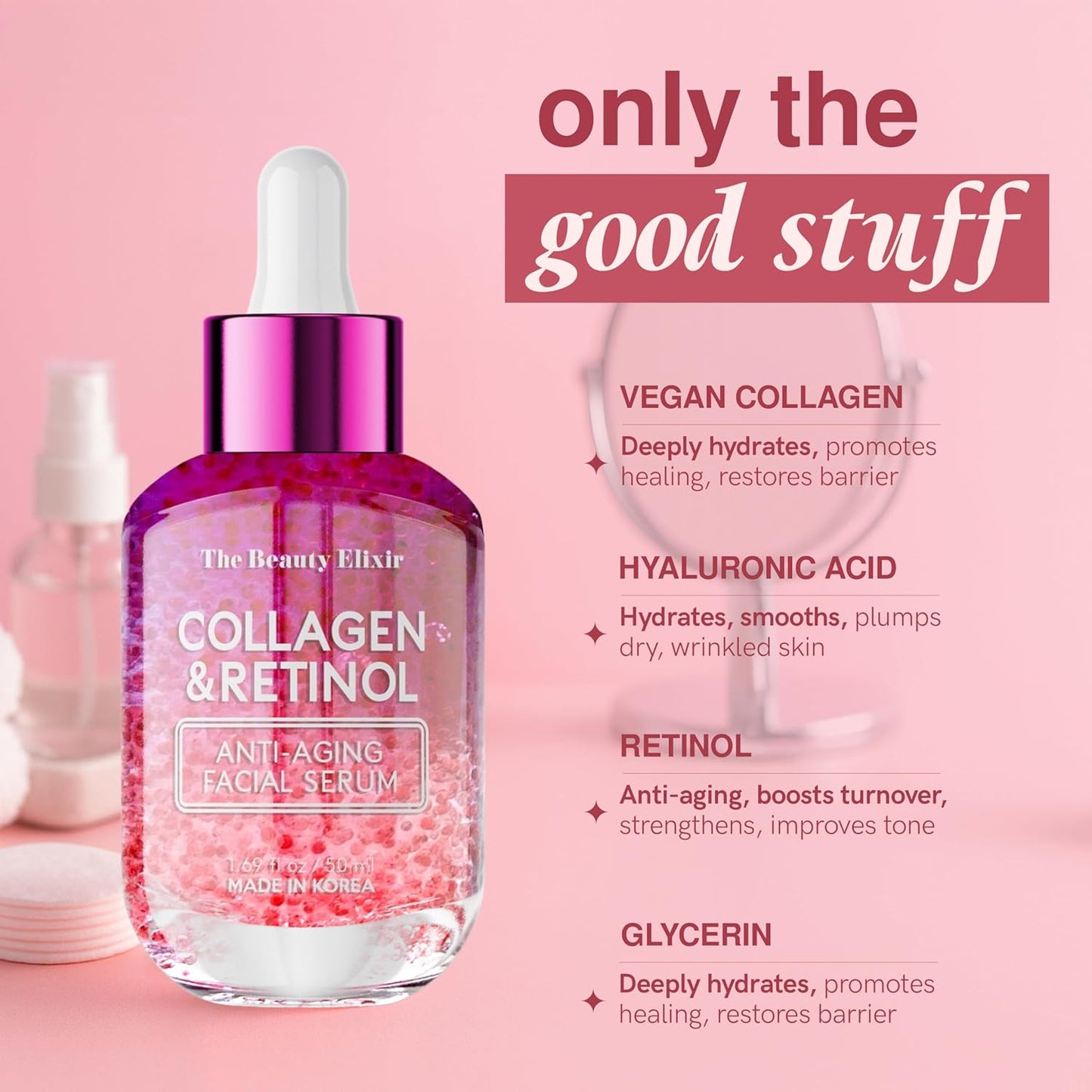 Collagen & Retinol Serum For Face - Ultra Hydrating, Restores, Smooths & Reduces Wrinkles - Dermatologist Tested, Natural Ingredients, Clean Beauty - Korean Skin Care - 1.69 Fl. Oz