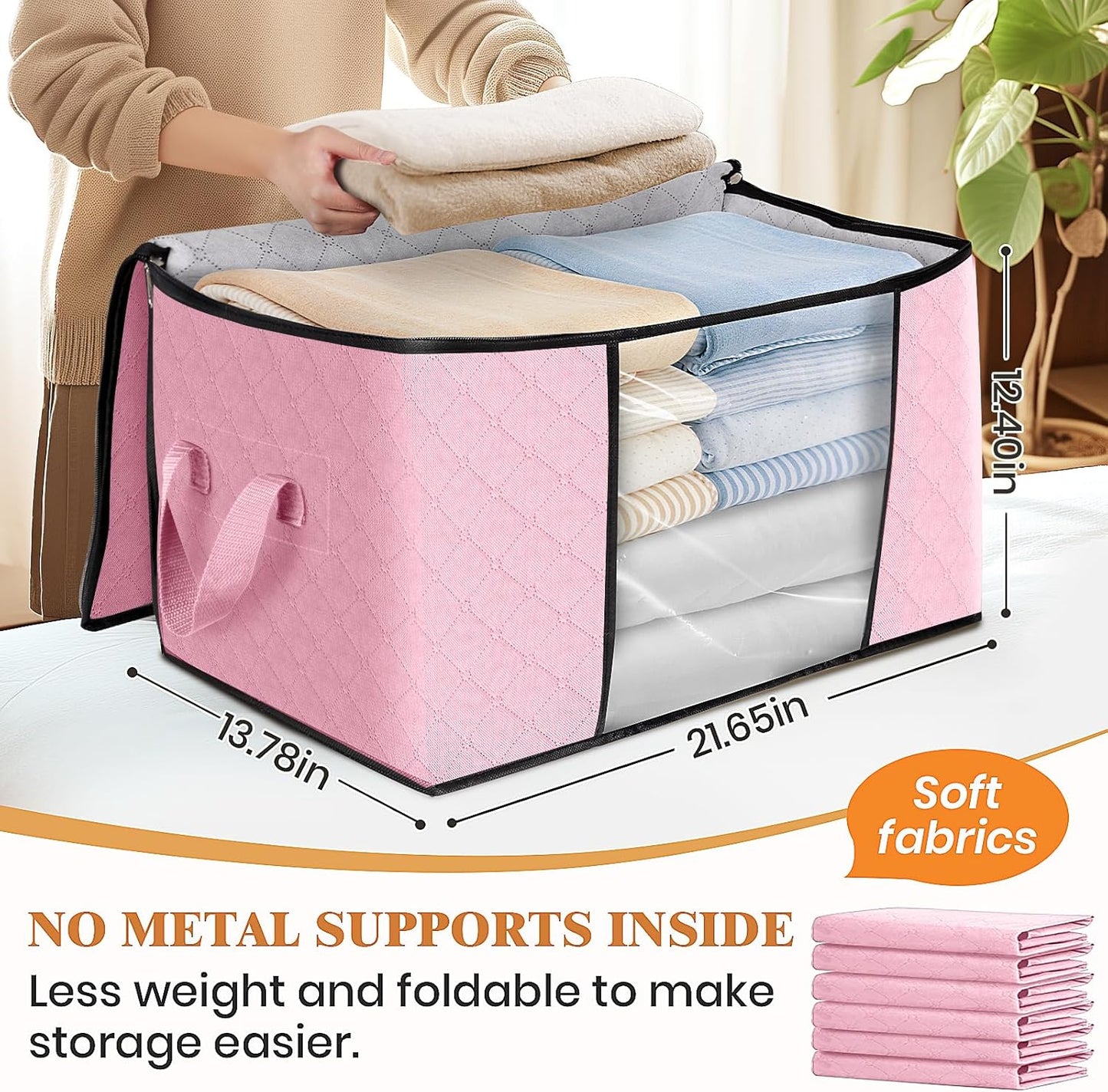 Fab totes 3 Pack Clothes Storage, Foldable Thick Fabric Blanket Storage Bags, Containers for Organizing Bedroom, Closet, Clothing, Comforter, Organization with Handle,Pink