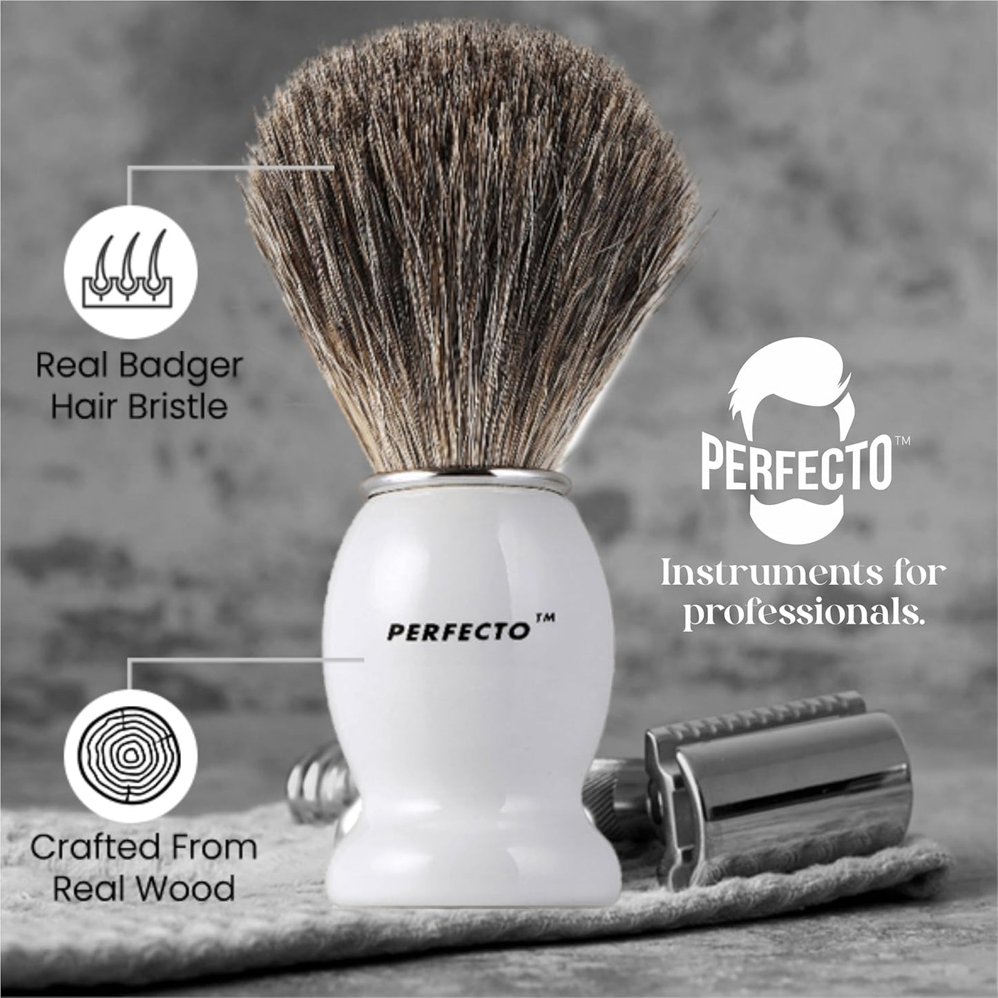 Perfecto 100% Pure Badger Shaving Brush-White Handle, Gift for Dad, Engineered for the Best Shave of Your Life. For Fathers Day Gift, Safety Razor, Double Edge Razor, Straight Razor, Shaving Razor