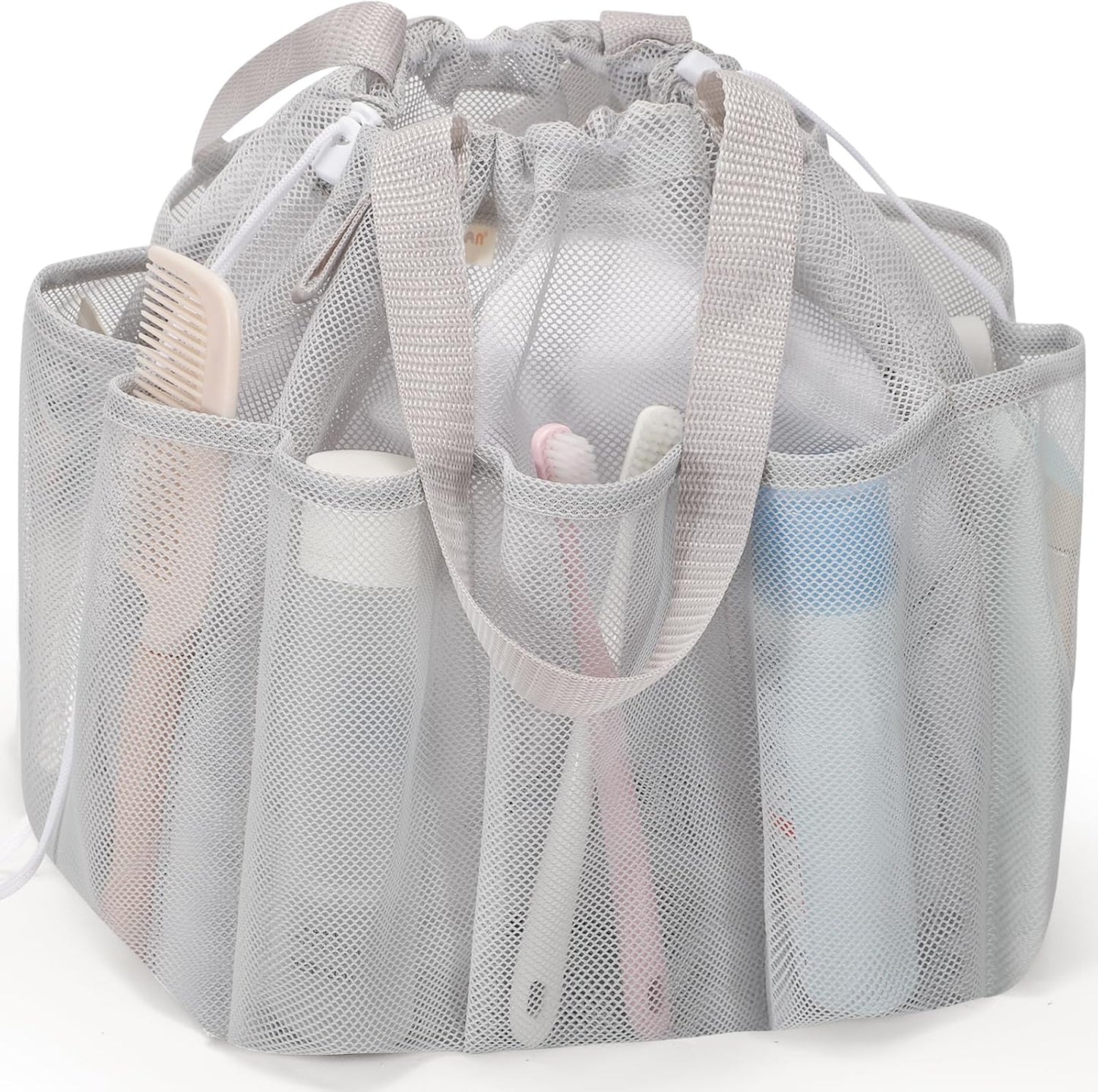 Mesh Shower Caddy Portable with Drawstring, Dorm Room Essentials for College Students, Grey Shower Bag for Camping,Swimming,Gym,Travel,Bathroom