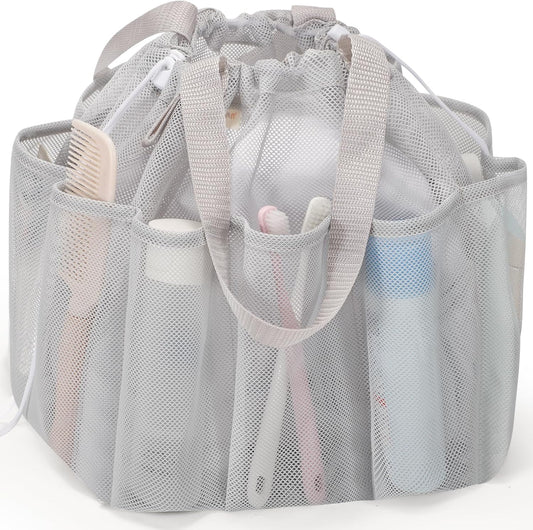 Mesh Shower Caddy Portable with Drawstring, Dorm Room Essentials for College Students, Grey Shower Bag for Camping,Swimming,Gym,Travel,Bathroom