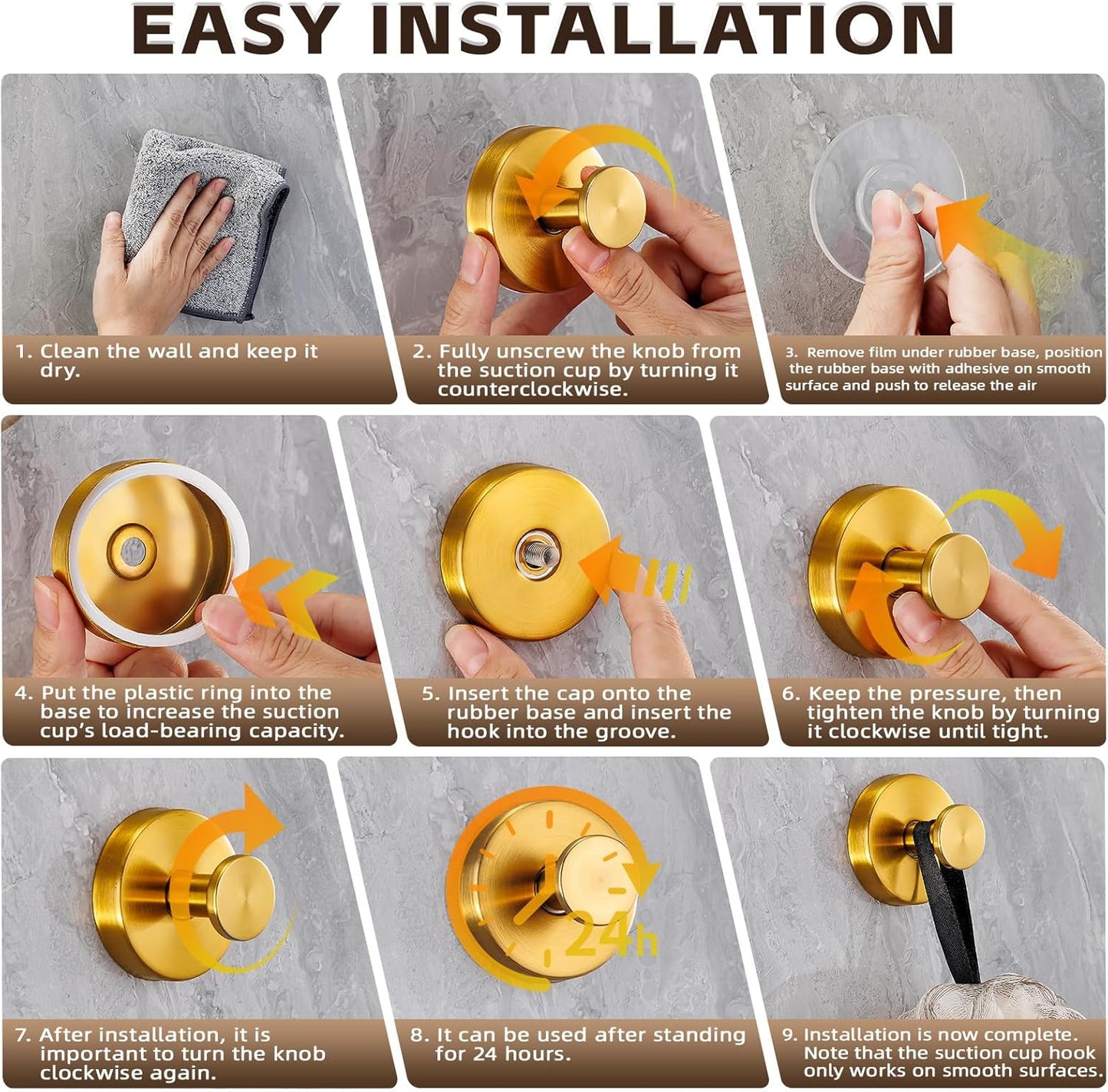 Reusable Heavy Duty Suction Cup Hooks for Kitchen/Bathroom/Shower - Wet-Proof Hooks for Towels, Robes, Loofah&Wreaths/No Drill Mounting on Glass, Tile, Metal (2, Brushed Gold)