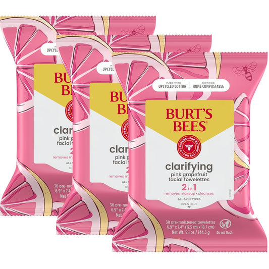 Burt's Bees Pink Grapefruit Face Wipes, for All Skin Types, Hydrating Makeup Remover & Facial Cleansing Towelettes, 30 Ct. (3-Pack)
