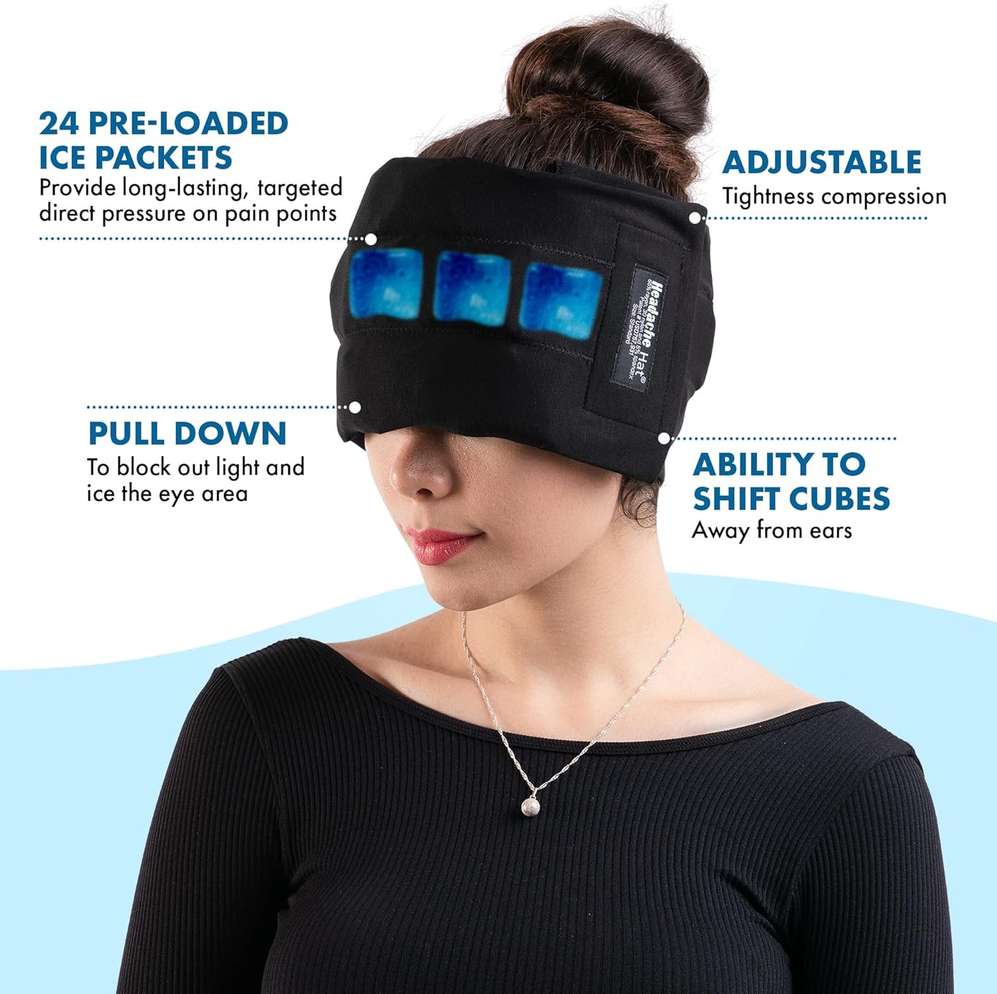 Headache Hat Halo - Migraine Relief Cap Long Lasting Cooling Ice Pack Mask - Cold Compress Head Wrap for Tension, Stress & Hangover Natural Cooling Therapy