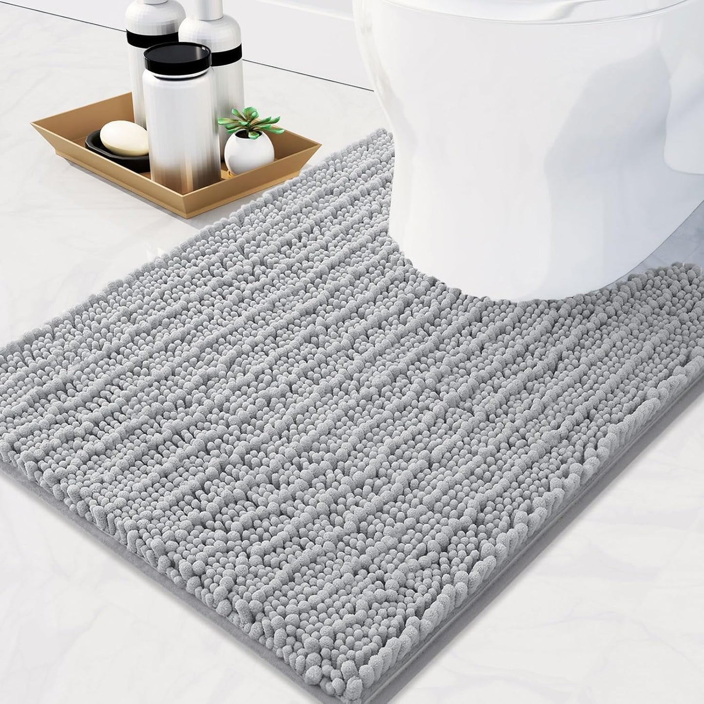 Arotive Luxury Chenille Toilet Rugs U-Shaped, Extra Soft Thick Absorbent Bathroom Mat, Non-Slip Shaggy Plush Contour Rugs, Machine Wash Dry Bath Mat for Toilet Base, 24x24, Light Grey