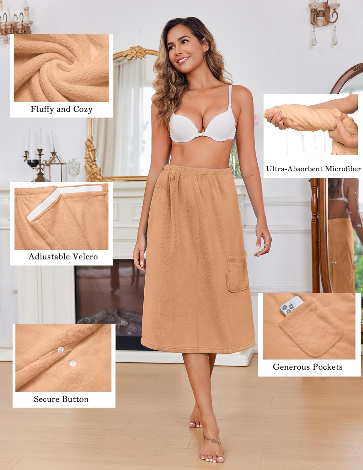 Ekouaer Women's Plush Towel Wrap Soft Lightweight Shower Wrap Absorbent Spa Body Wrap Bath Robe with Velcro S-L