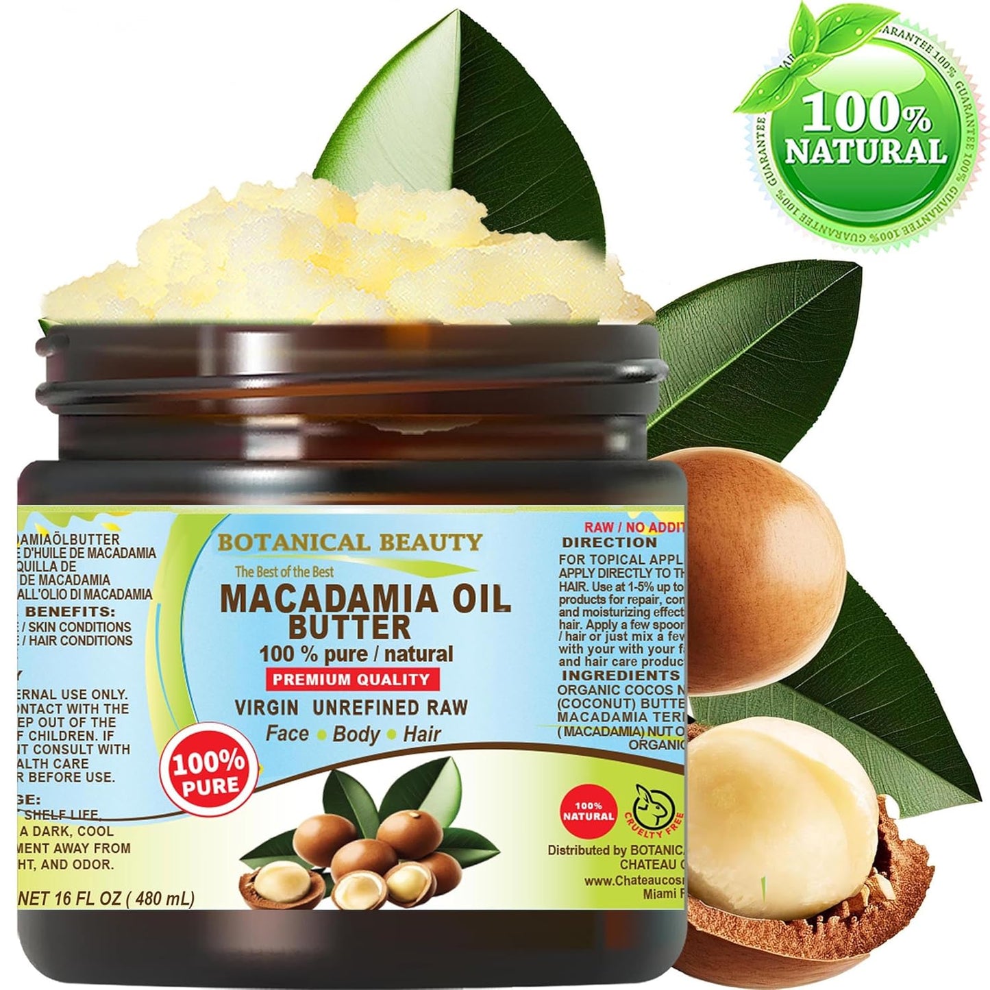 Botanical Beauty MACADAMIA OIL BUTTER 100% Pure Natural VIRGIN UNREFINED Cold-Pressed for Face, Skin, Body, Hair, Lip, Nails. Rich in Vitamin E, Omega 3, Omega 6 (16 Fl Oz)