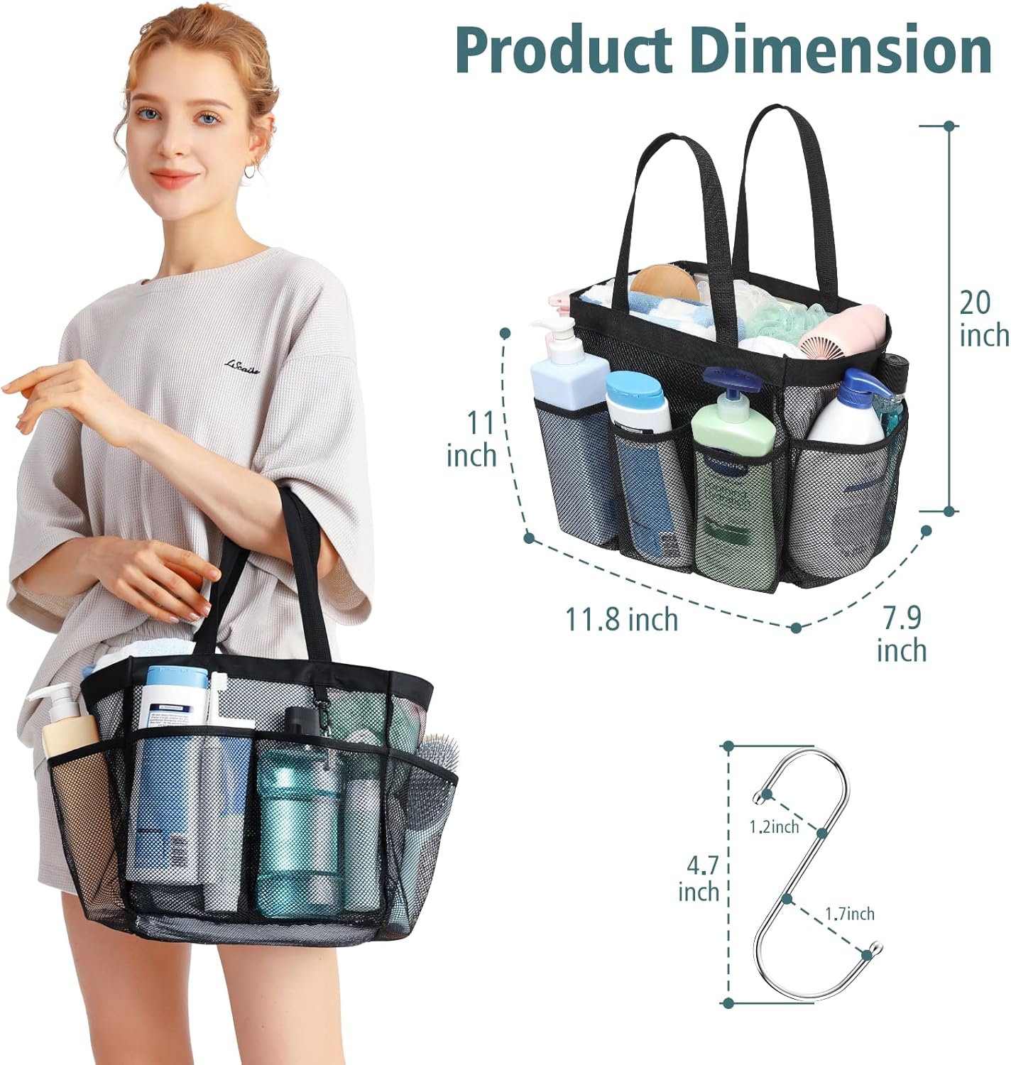 F-color Mesh Shower Caddy Portable, X Large 7 Deeper Pockets Shower Bag Basket Tote for College Dorm Room Bathroom Essentials Gym Camp Quick Dry 2 handles with S Hook, 2 Pack Black