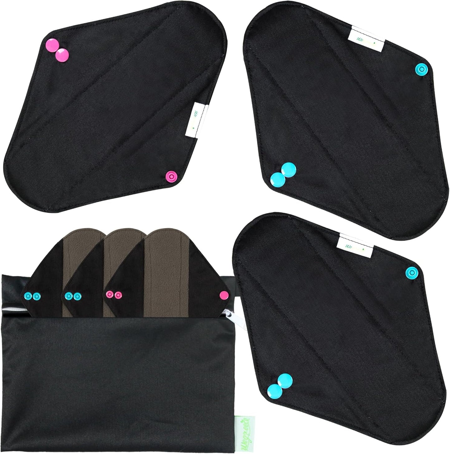 wegreeco Charcoal Reusable Menstrual Pads - Reusable Sanitary Pads | Reusable Panty Liners | Soft Cloth Menstrual Pad- 6 Pack with 1 Cloth Mini Wet Bag (Large, Black)