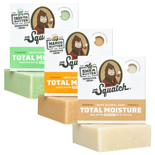 Dr. Squatch NEW Total Moisture Bar Soap for Men - No Added Fragrance Formulated for Sensitive Skin - Shea Butter, Mango Butter & Green Tea Butter (5 oz, 3-pack)