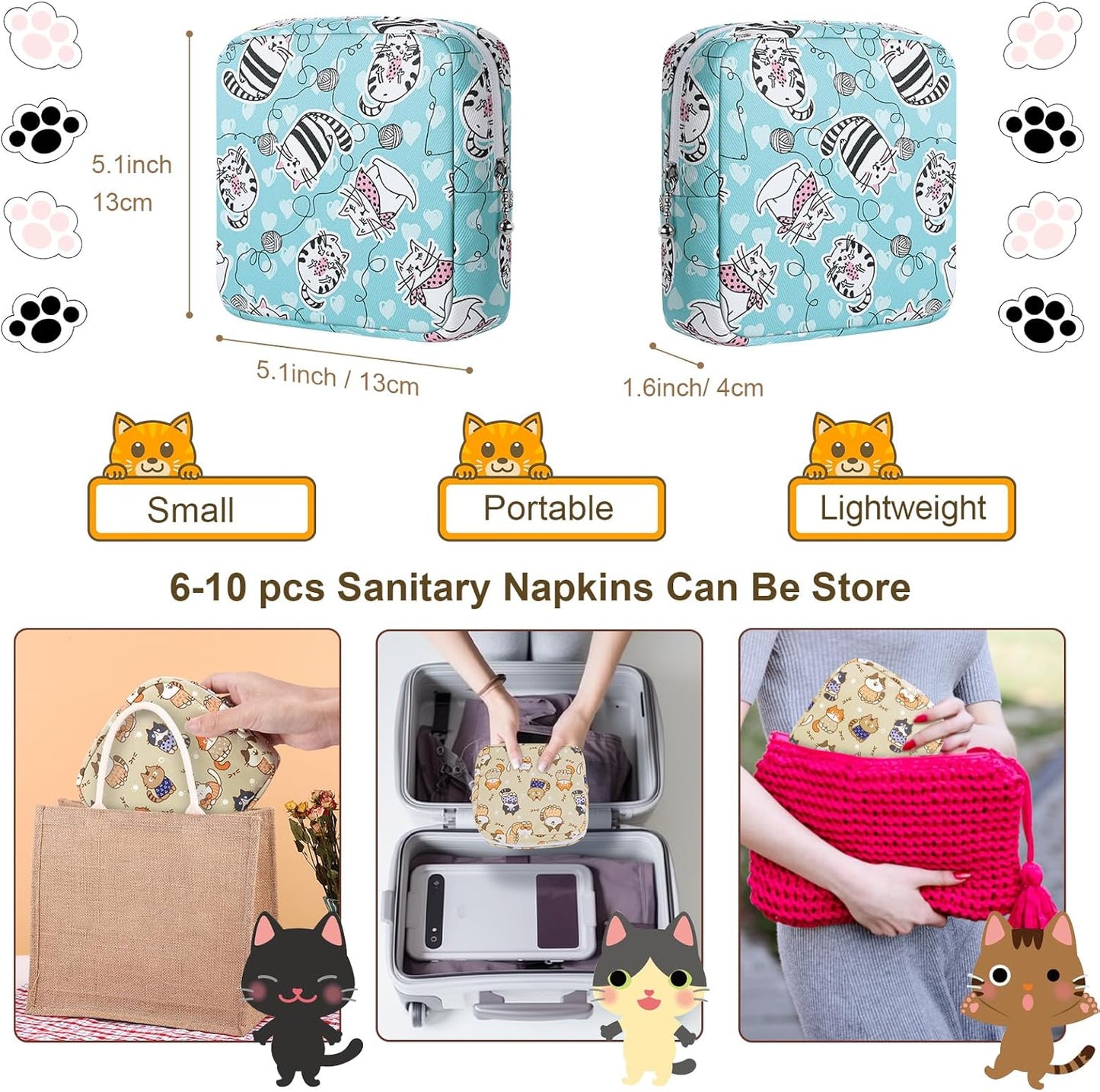 Period Bag Pouch, Canvas Sanitary Napkin Storage Bag for Girls Womens, Portable Sanitary Napkin Period Pad Pouch for Purse, Small Make Up Bags(Blue Cat N0461)