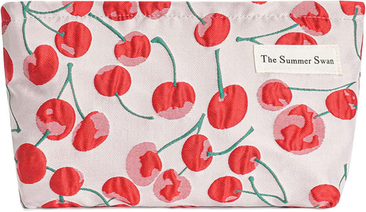 The Summer Swan | Large Aesthetic Makeup Bag | Preppy Skincare Organizer | Floral Mid-day Clutch | Period Kit Hygiene Bag (Classic Red Cherry)