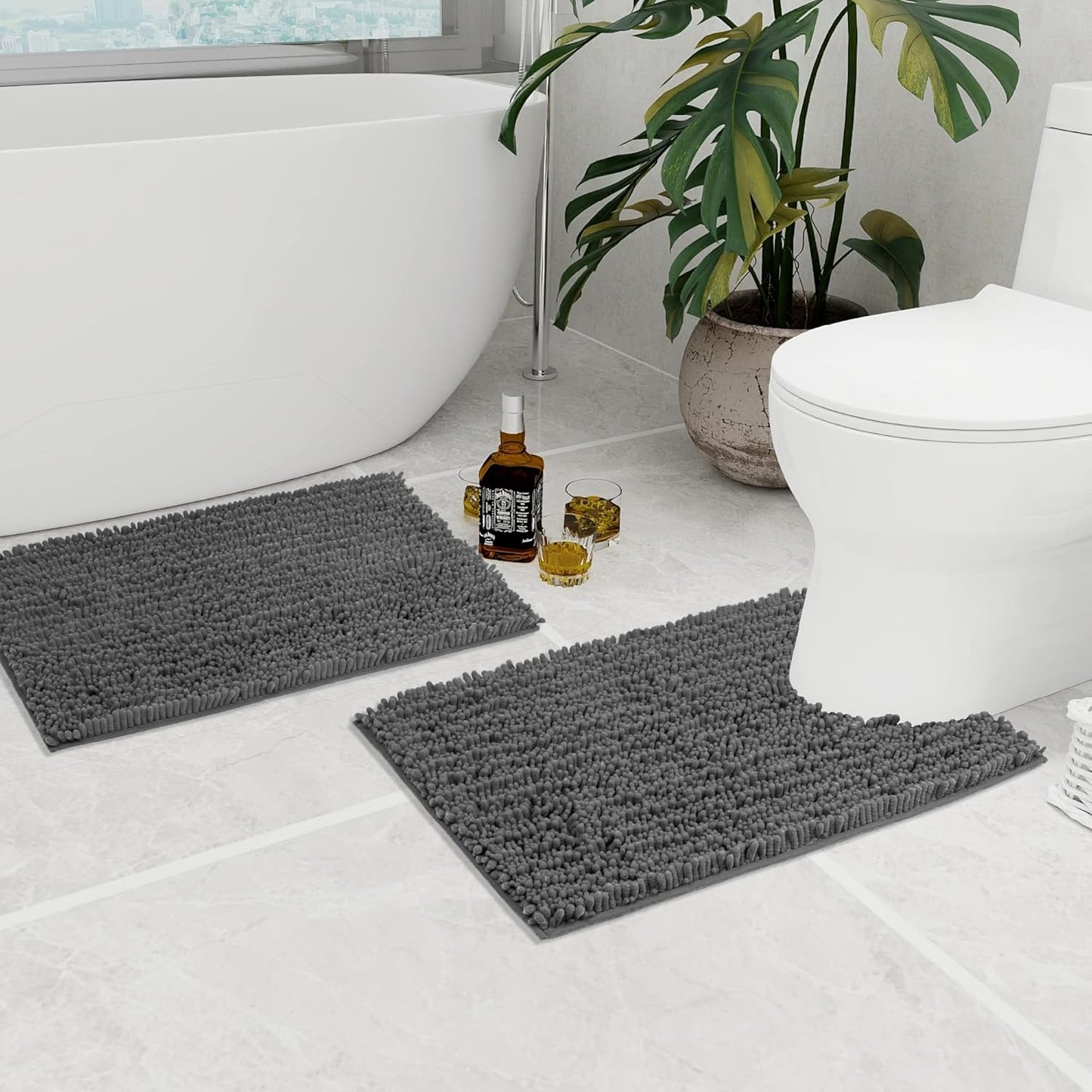 Walensee Bathroom Rug 2 Pieces Set Non Slip Bath Mat (20"x32" Plus 20"x24" U Grey/Gray) Water Absorbent Super Soft Shaggy Chenille Machine Washable Dry Extra Thick Perfect Carpet for Shower Floor