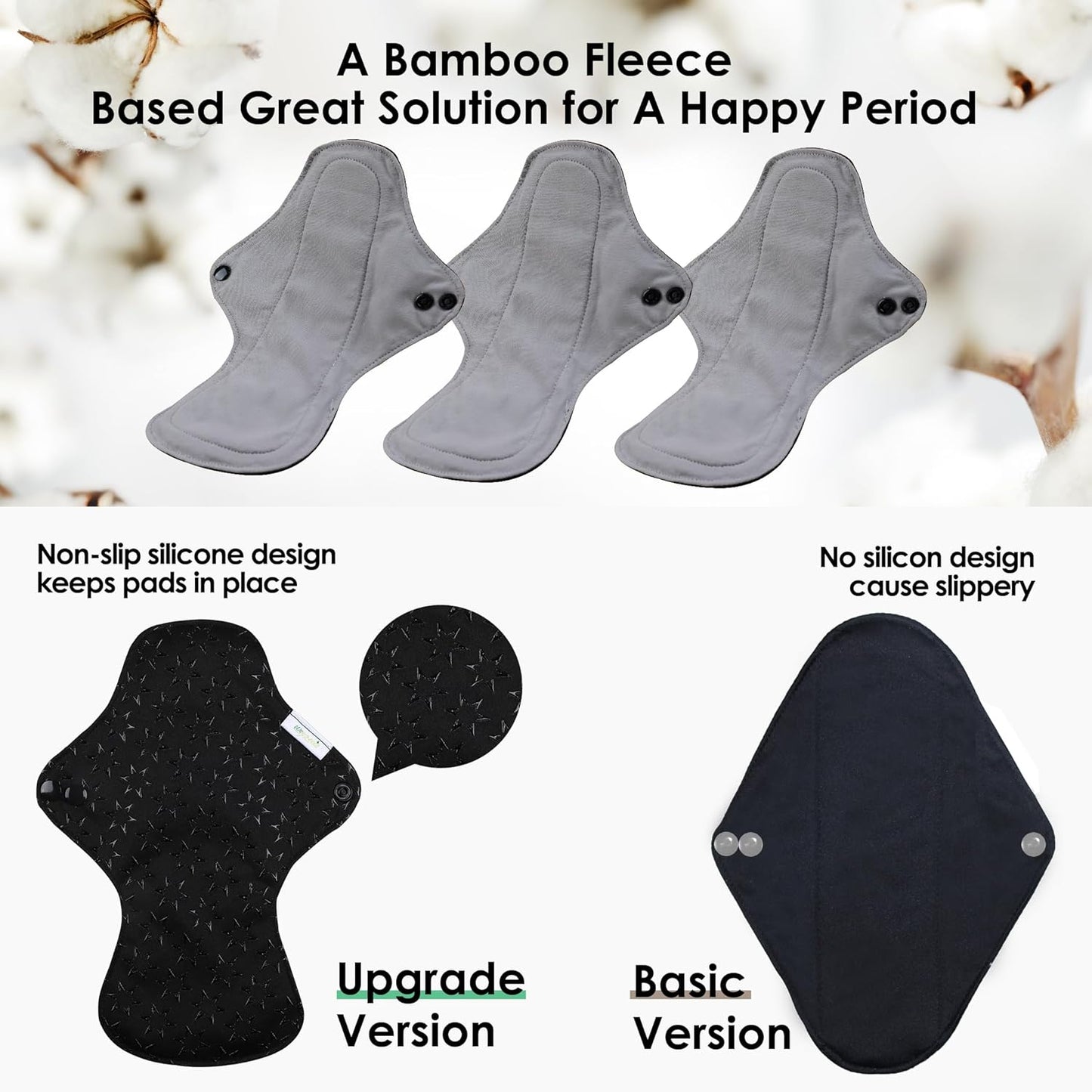 wegreeco 6 Pcs Reusable Menstrual Pads, Ultra Absorbent Cloth Pads for Heavy Flow, Sanitary for Teens, Women, Nonslip, Grey Inner, Black Outer, Small