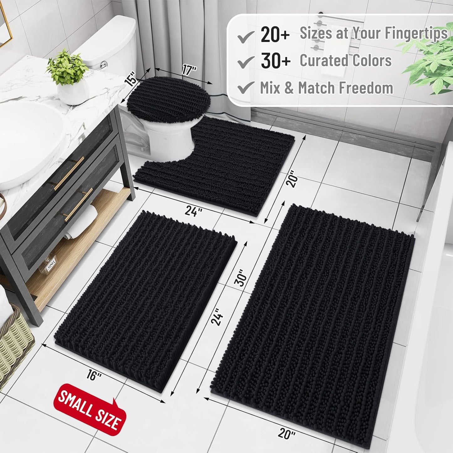 Arotive Luxury Chenille Bathroom Rug Mat, Extra Soft Thick Absorbent Shaggy Bath Rugs, Non-Slip Machine Wash Dry, Plush Bath Mats for Bathroom, Shower and Tub, 44x32, Black