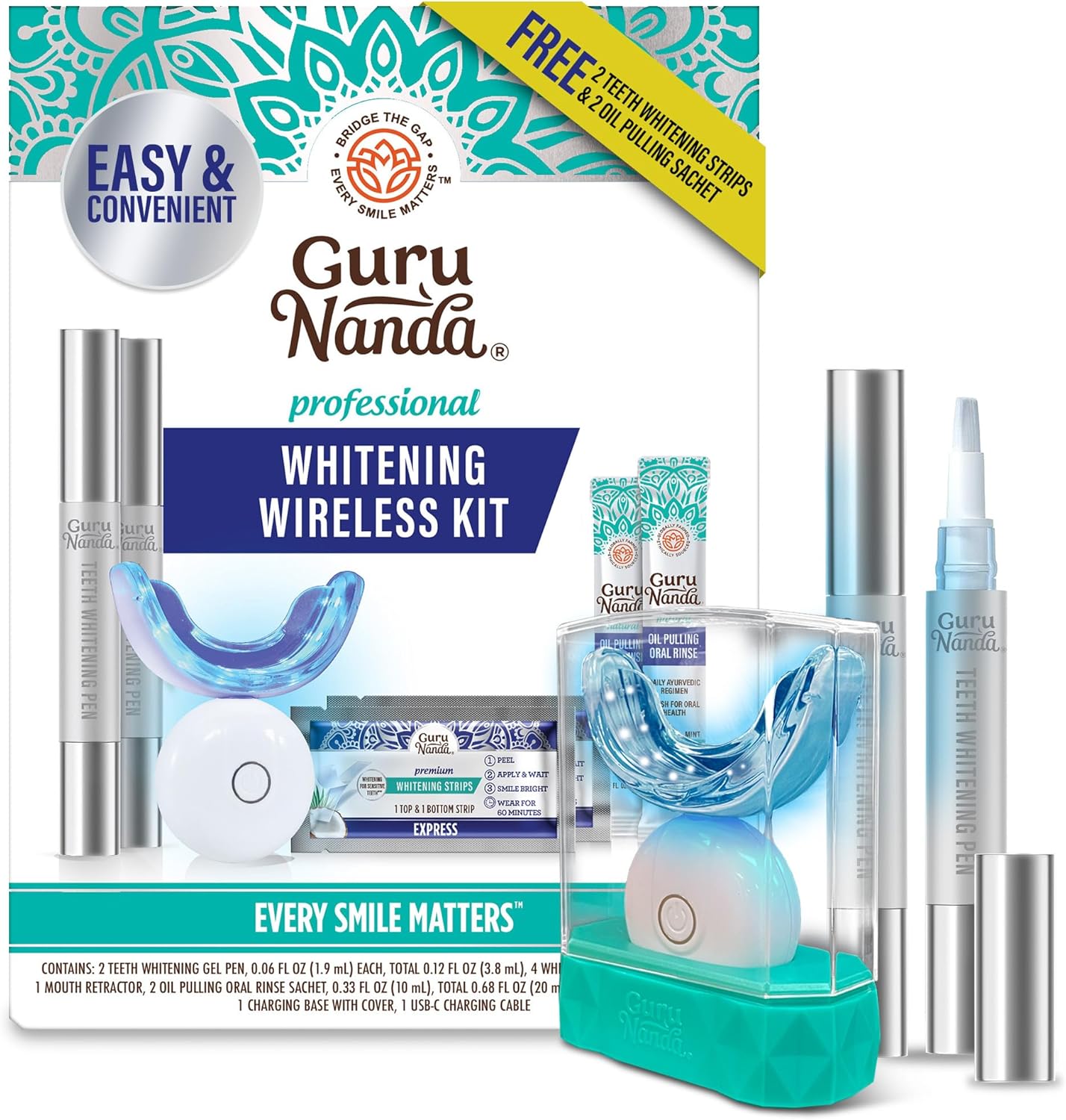 GuruNanda Professional Teeth Whitening Wireless Kit with LED Light & Whitening Pen, Helps Remove Surface Stains from Coffee, Food, Soda, 40 Treatments