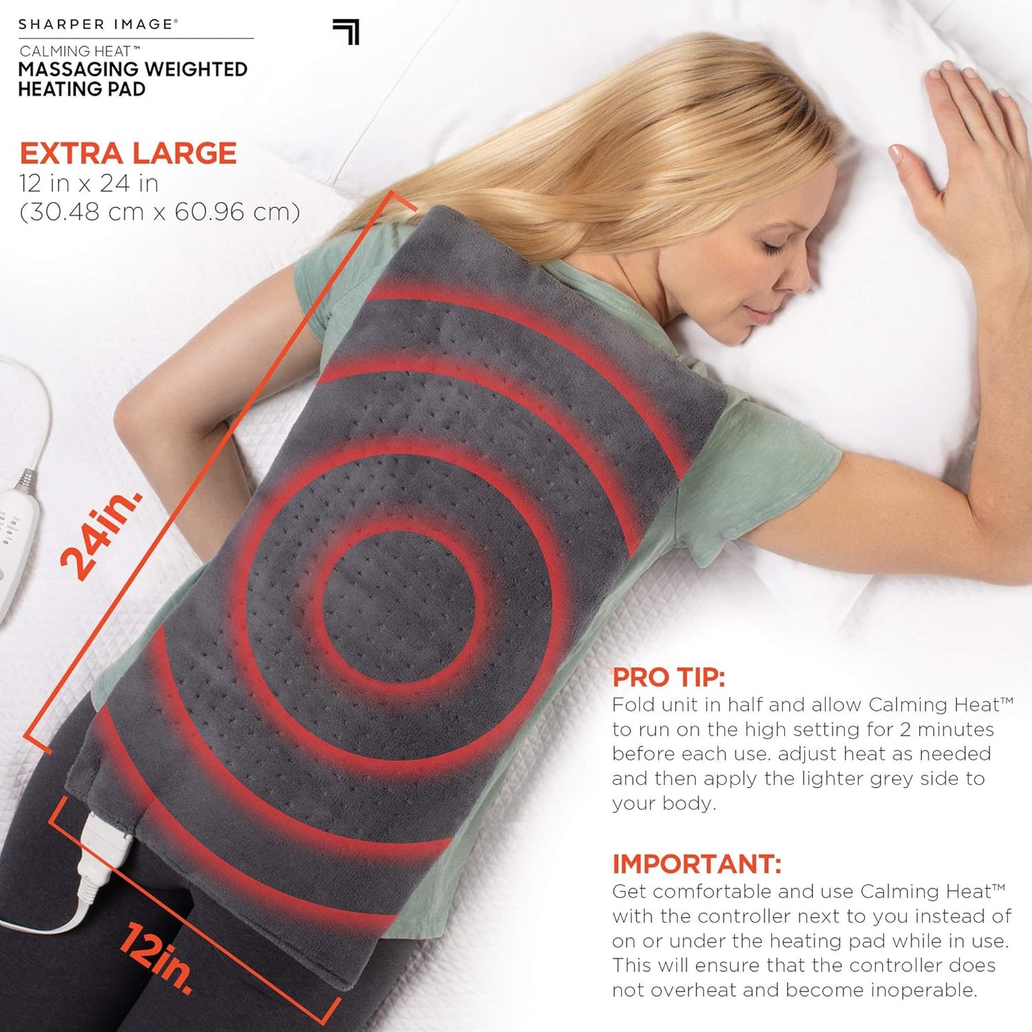 Calming Heat Massaging Weighted Heating Pad by Sharper Image- Electric Heating Pad with Massaging Vibrations, Auto-Off,12 Settings- 3 Heat, 9 Massage- 27 Relaxing Combinations, 12” x 24”, 4lbs