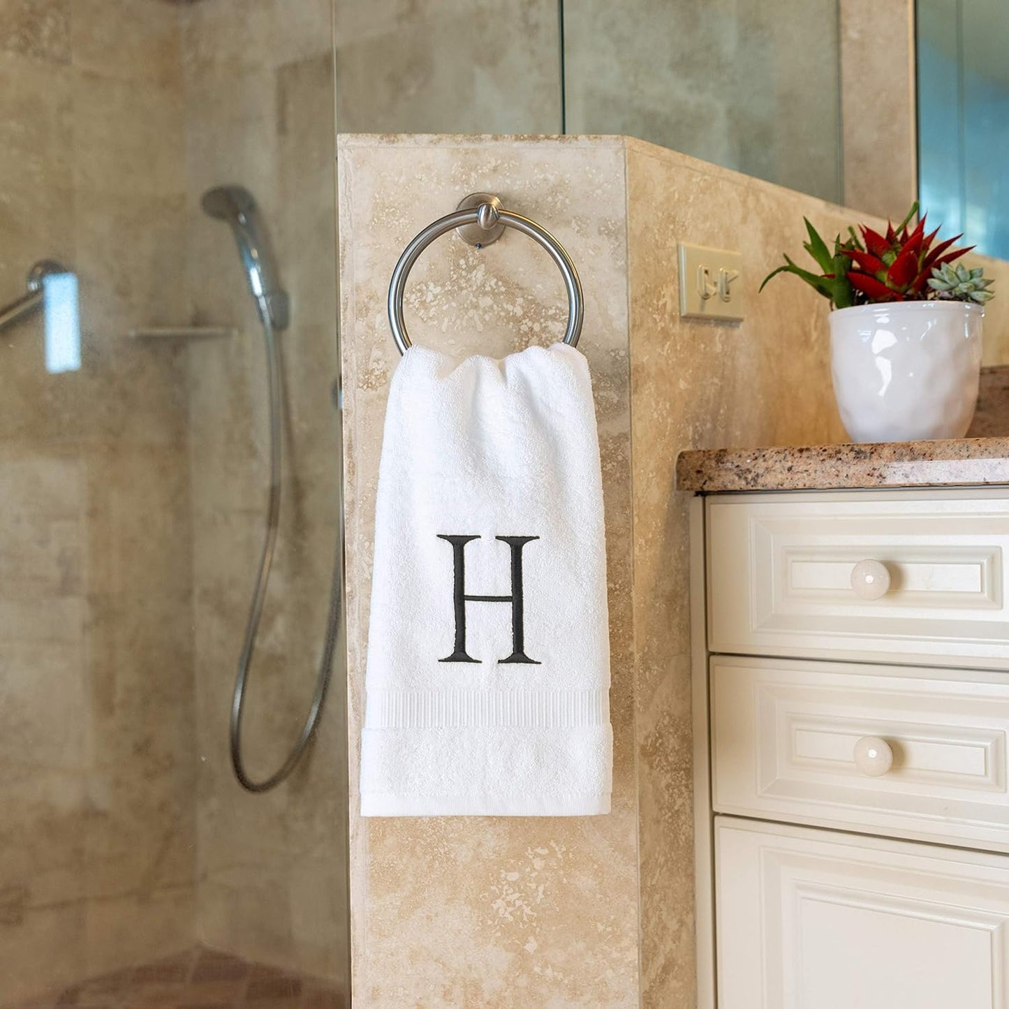 White and Dark Gray Monogrammed Hand Towel - Monogram Initial Hotel Quality Decorative Embroidered Luxury Towel for Powder Room, Spa - GOTS Organic Certified - Set of 2 Letter H
