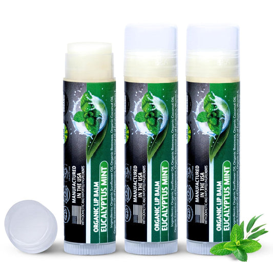 Organic Eucalyptus Mint Lip Balm 3 Pack | Hydrating Chapstick for Dry Lips | Natural Lip Care for Men and Women