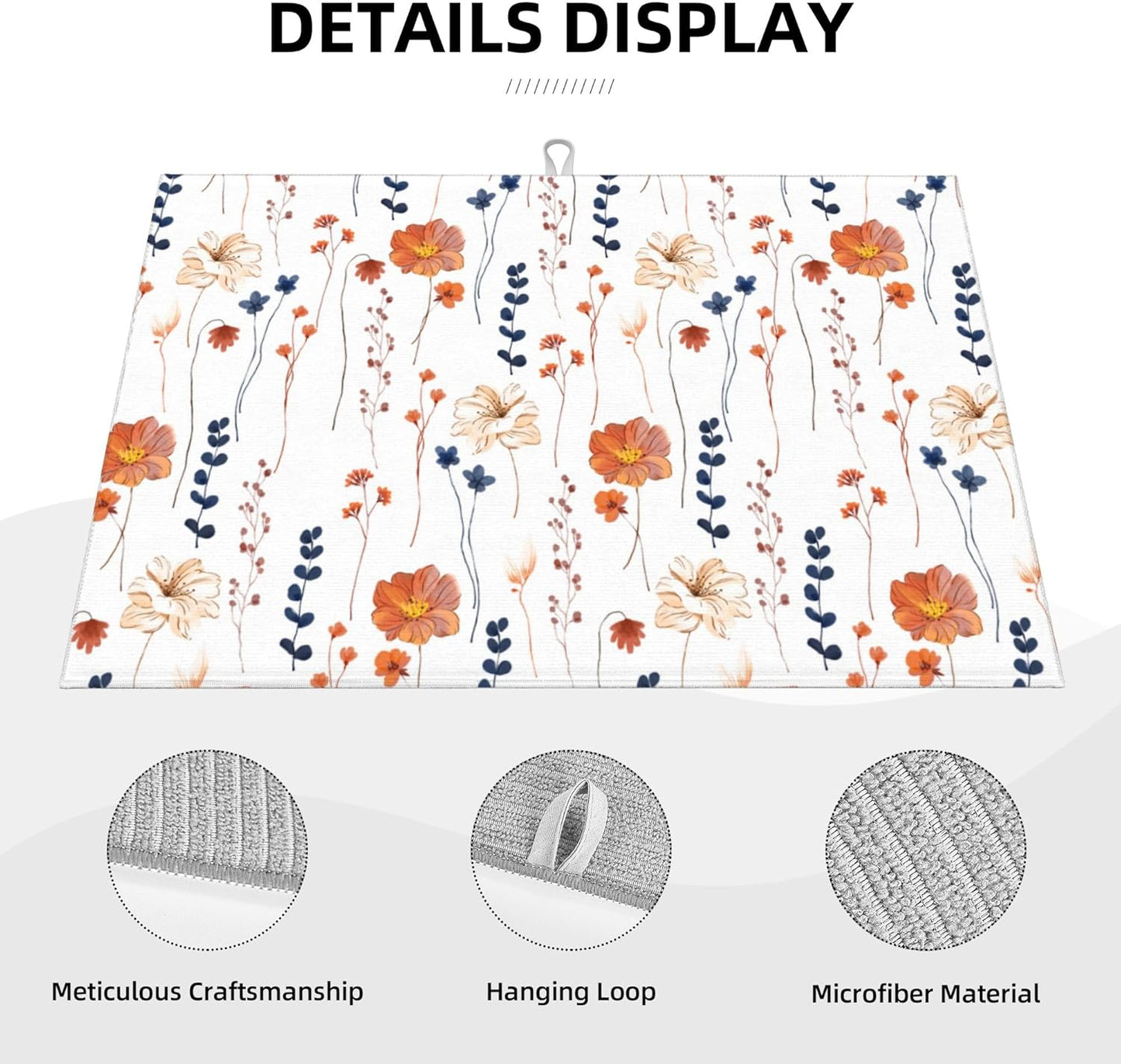 Orange Flower Decorative Dish Drying Mat for Kitchen Counter Watercolor Orange Floral Drying Pad 18x24 Inch Modern Absorbent Reversible Dish Drainer Rack Mats