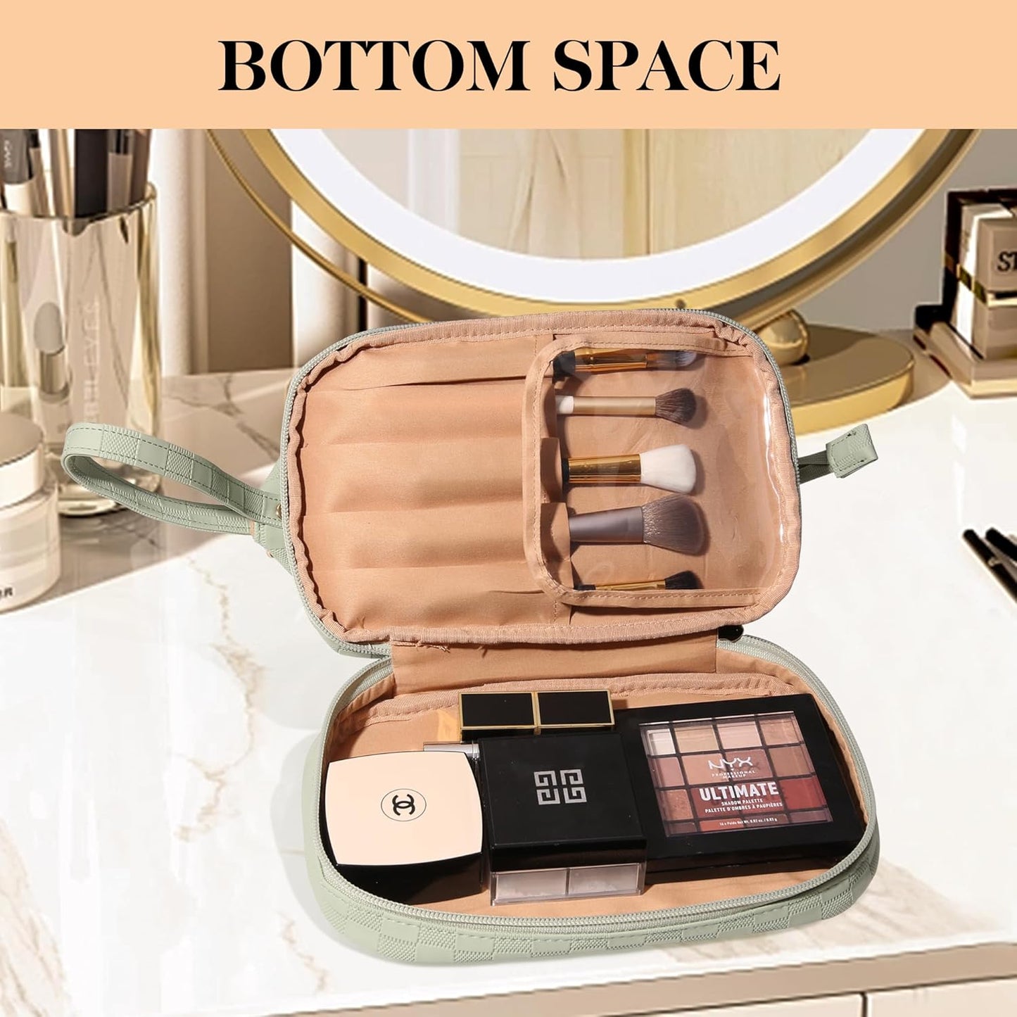 Abiudeng Large Capacity Makeup Bag Ladies Cosmetic Bag Travel Bag with Compartments Portable PU Leather Travel Makeup Bag with Handle