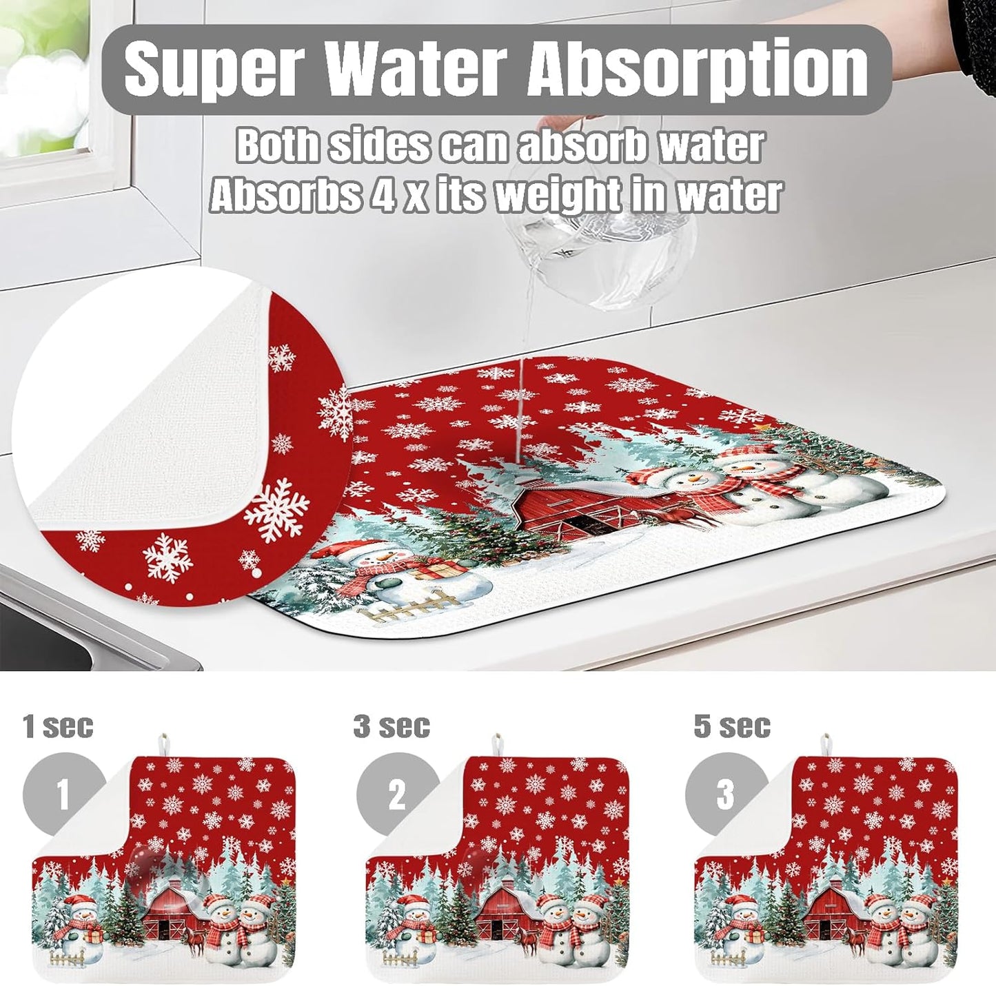 Dish Drying Mat for Kitchen Counter Large 18" x 24" Christmas Farmhouse Rustic Snowman Absorbent Microfiber Dishes Drainer Rack Mats Pad Reusable Washable