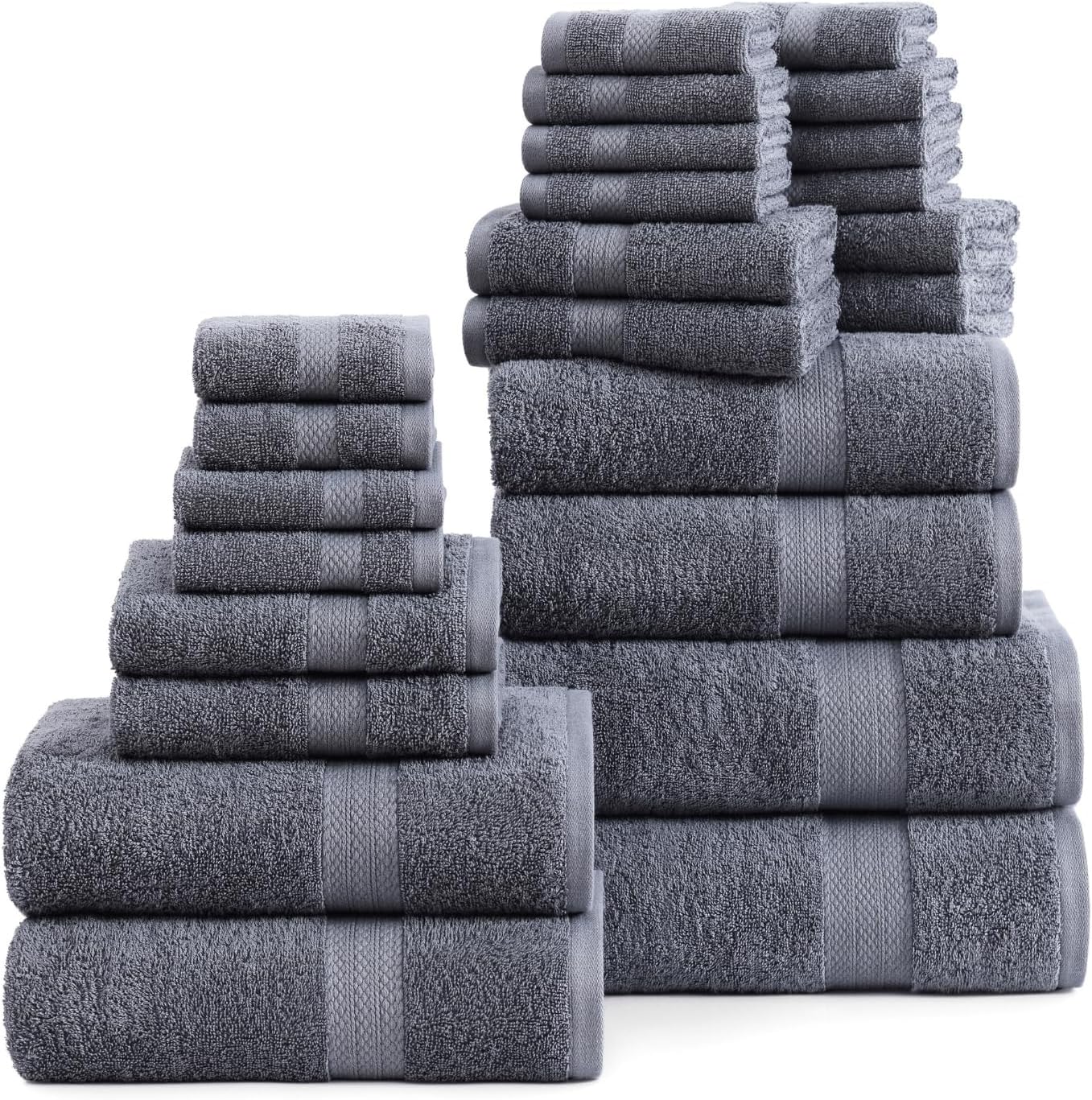 24 Pc 100% Cotton Bath Towels For Bathroom Set, Quick Dry, Machine Wash Soft & Absorbent, Oeko Tex Cert, Daily Use, Guest or Spa-2 Bath Sheets 4 Bath Towels 6 Hand, 4 Fingertip 8 Washcloths–Cool Grey