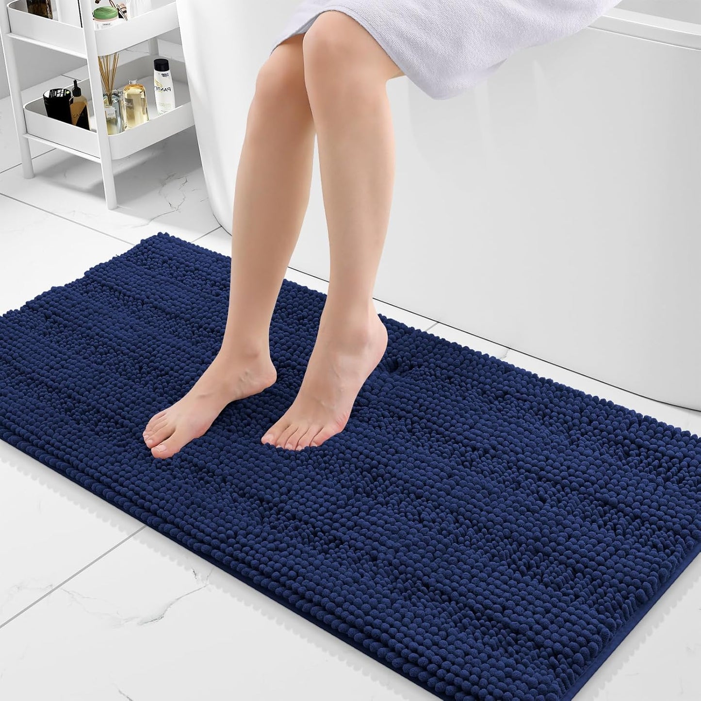 Grandaily Chenille Striped Bathroom Rugs 47x20, Extra Thick and Absorbent Bath Mats, Non-Slip Soft Plush Shaggy Shower Carpet, Machine Wash Dry, Bath Rug for Bathroom, Navy