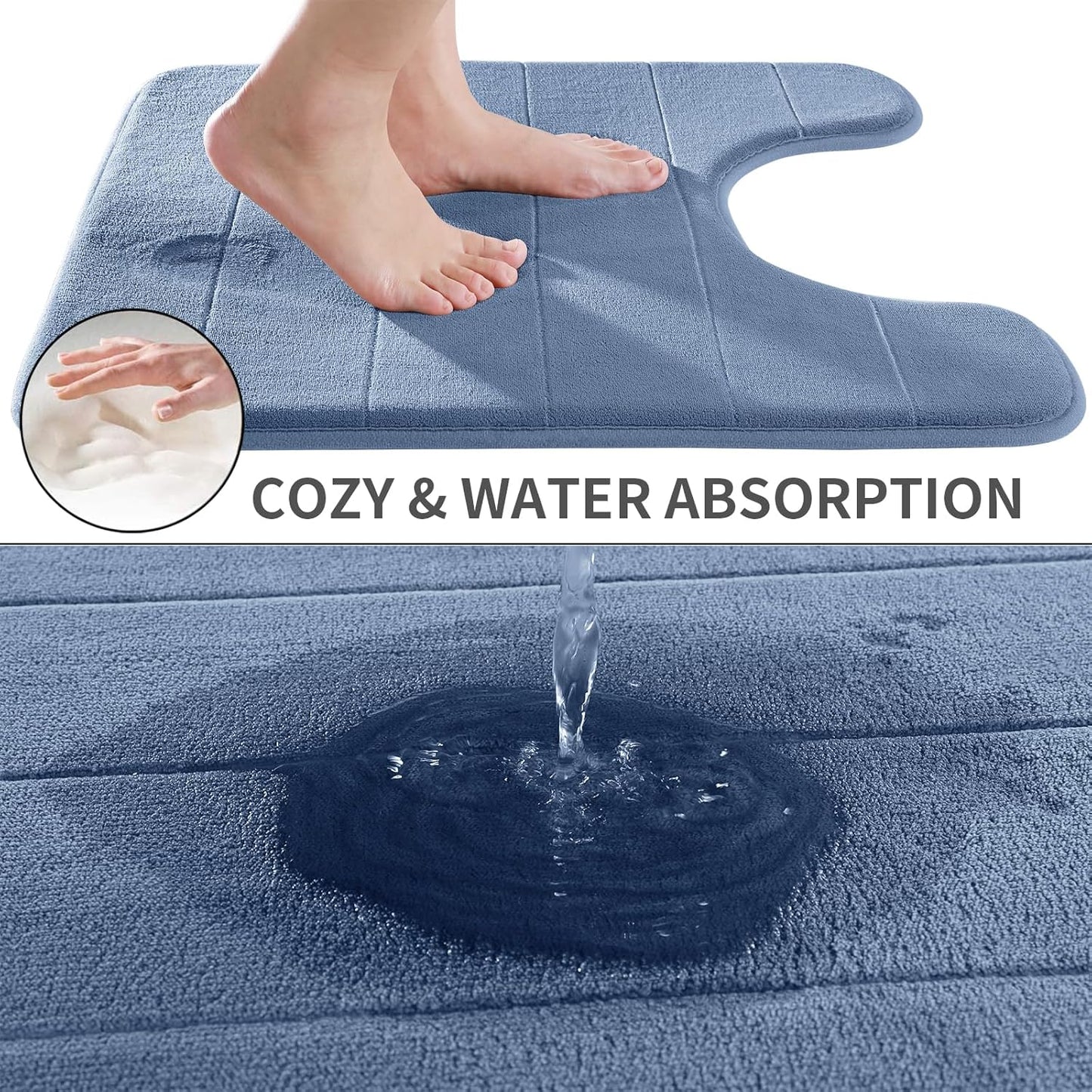 Yimobra Memory Foam Toilet Bath Mat U-Shaped, Soft and Comfortable, Super Water Absorption, Non-Slip, Thick, Machine Wash and Easier to Dry for Bathroom Commode Contour Rug, 24 X 24 Inches, Denim Blue