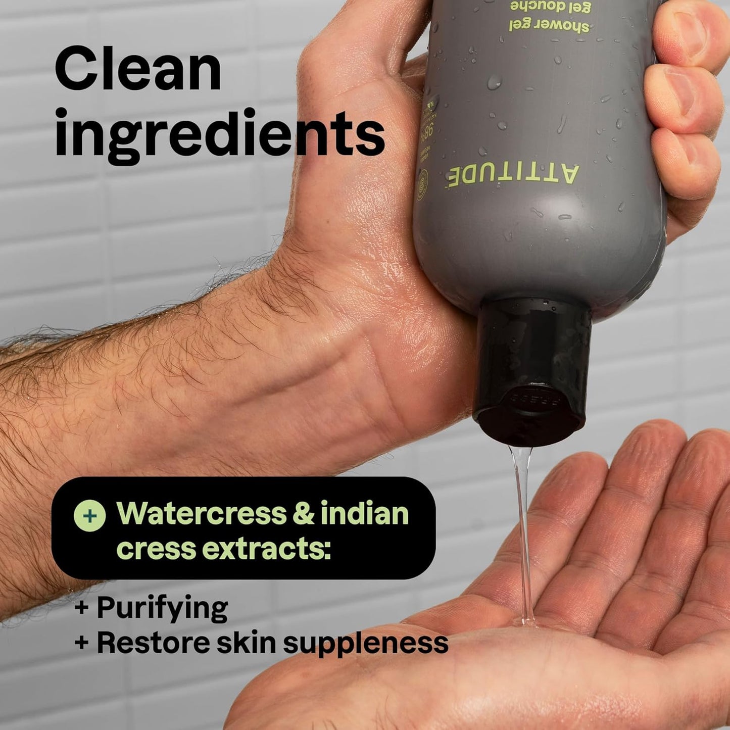 ATTITUDE Shower Gel Body Wash for Men, 98% Natural Origin Ingredients, Paraben & Phthalate Free, EWG Verified, Cleanses Without Drying, Matcha & Bergamot, 14 Fl Oz (Pack of 3)