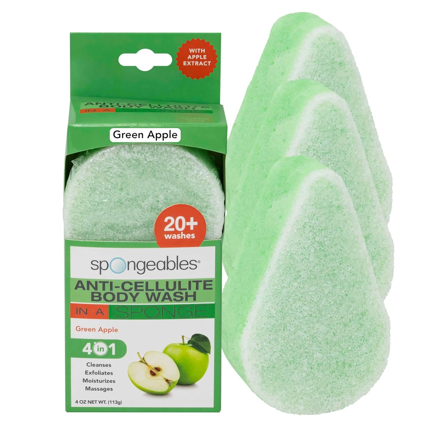 Spongeables Anti Cellulite Body Wash in a 20+ Wash Sponge, Apple, 3 Count