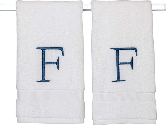 Monogrammed Hand Towels for Bathroom - Luxury Hotel Quality Personalized Initial Decorative Embroidered Bath Towel for Powder Room, Spa - GOTS Organic Certified - Set of 2 Navy Letter F