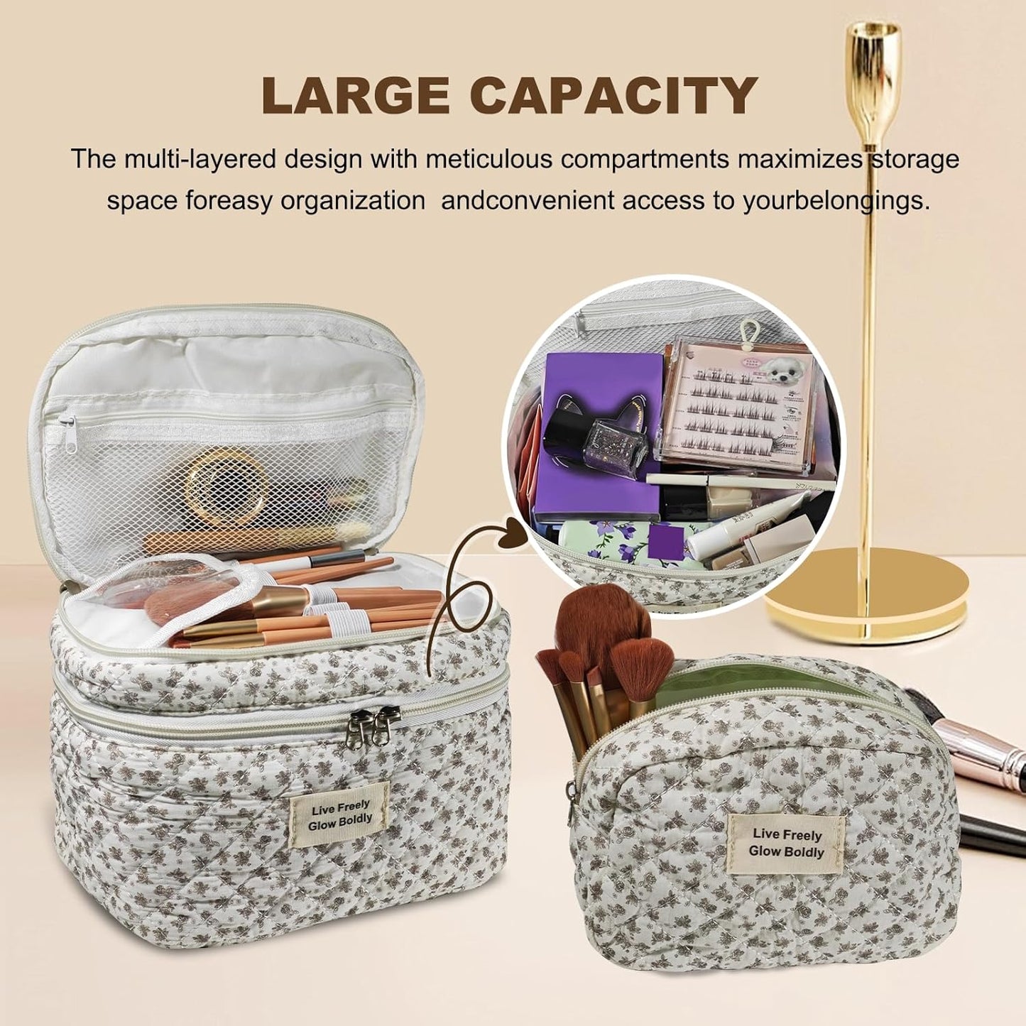 3Pcs Large Travel Quilted Makeup Bag, Double Layer Cute Floral Cotton Toiletry Bag, Aesthetic Flower Cosmetic Bag Coquette Skincare Organizer Bag for Women(75-BlackFloral)