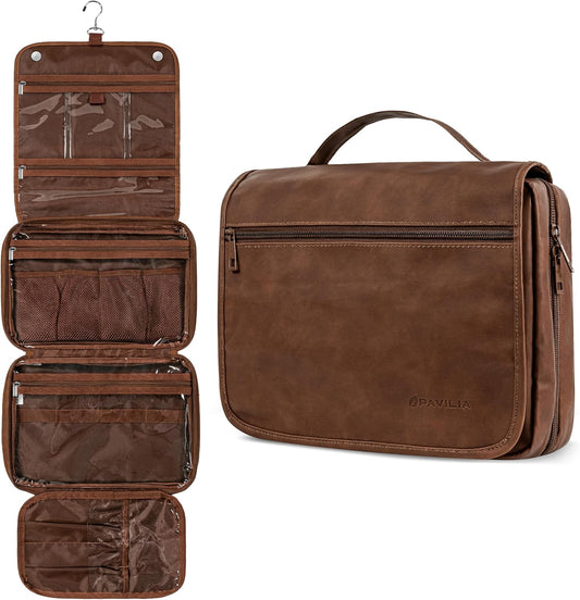 PAVILIA Hanging Toiletry Bag Women Men, Foldable Cosmetic Organizer Travel Bag, Water Resistant Makeup Bag Toiletries, Large Travel Essentials Kit (Dark Brown)