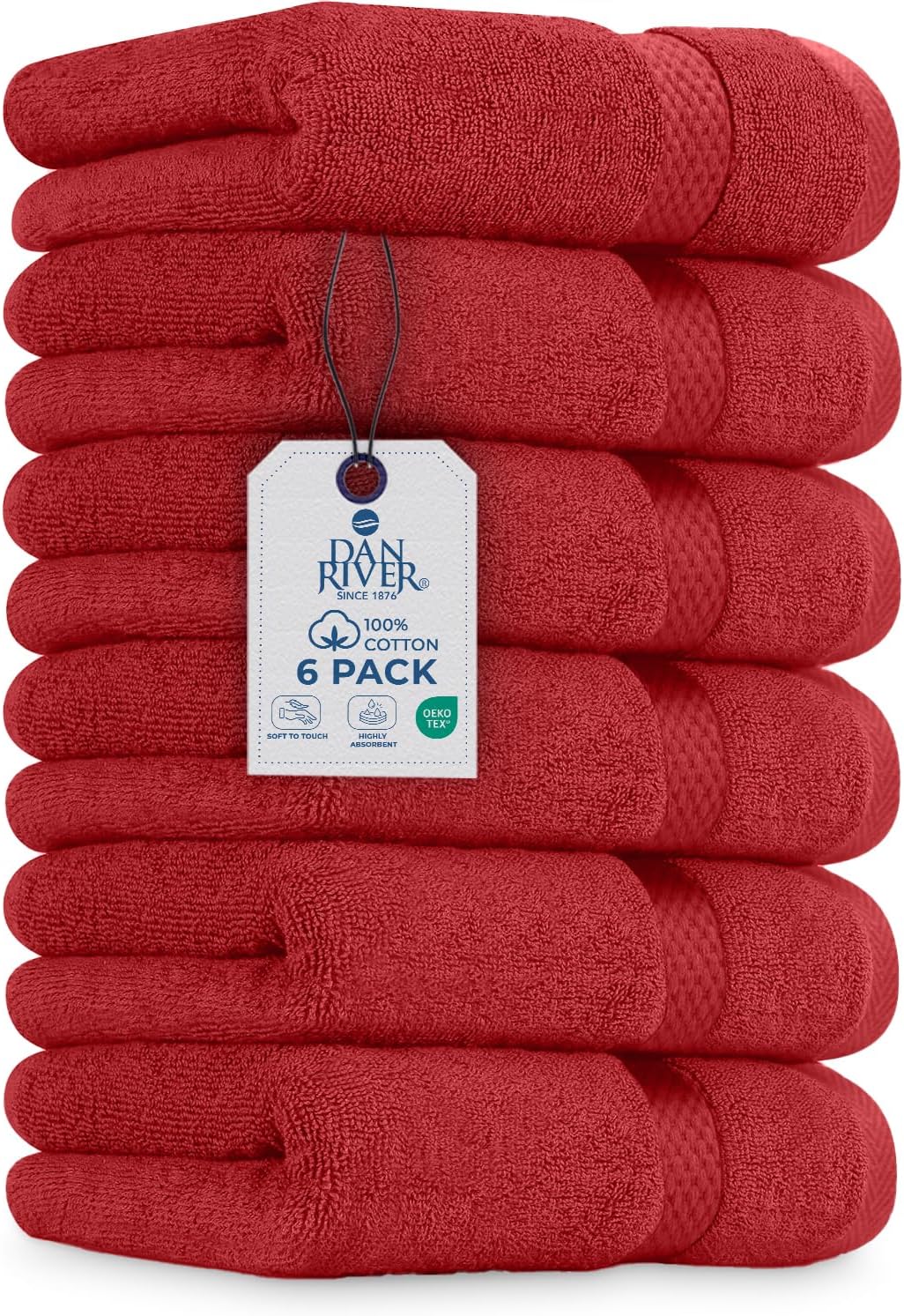 DAN RIVER 6-Pack Premium Hand Towels (16x28 Inches) - 100% Cotton, Ultra Soft, Lightweight, Highly Absorbent Towels for Bathroom, Spa, Gym, Salon, Hotel, and Travel - 550 GSM – Red