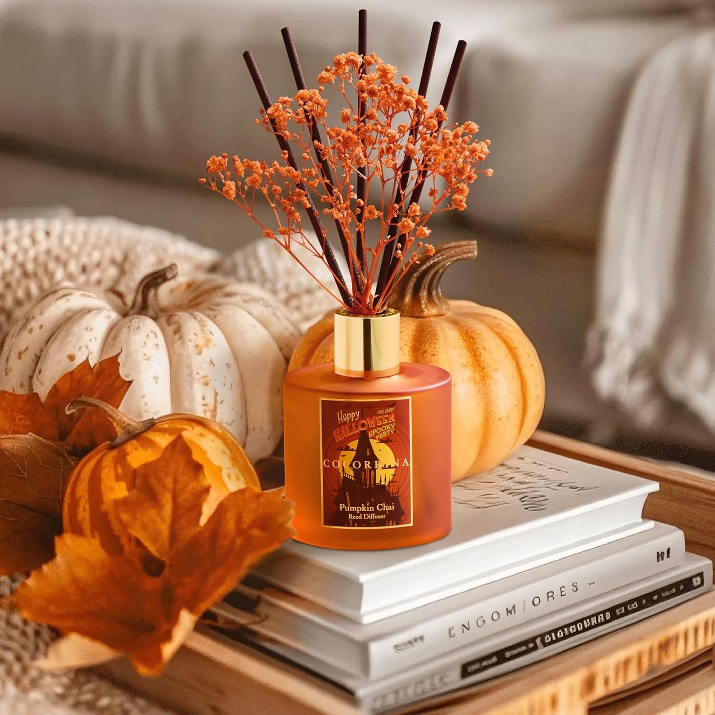 COCORRÍNA Reed Diffuser - Pumpkin Chai 6.7 fl oz Scented Diffuser with 8 Sticks Home Fragrance Bathroom Shelf Decor (Halloween Collection)