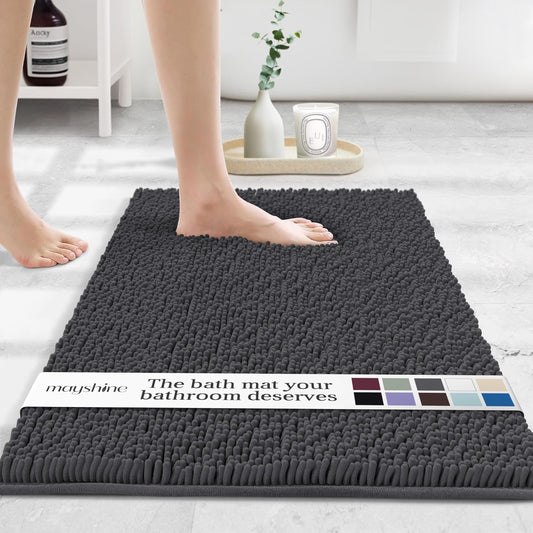 MAYSHINE Plush Shaggy Chenille Bath Mat | Extra Soft, Super Absorbent, Non-Slip Bathroom Rug | Fluffy Microfiber, Area Rug Sets for Bathroom Floor, Kitchen, Living Room | 32"x20" | Charcoal Gray