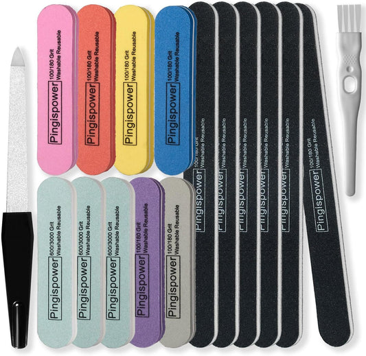 Nail Files and Buffers, 17PCS Professional Metal Nail File and Emery Boards for Natural Nails(100/180 & 600/3000 Grit), Reusable with Washable Nail Buffer Block for Women Home and Salon