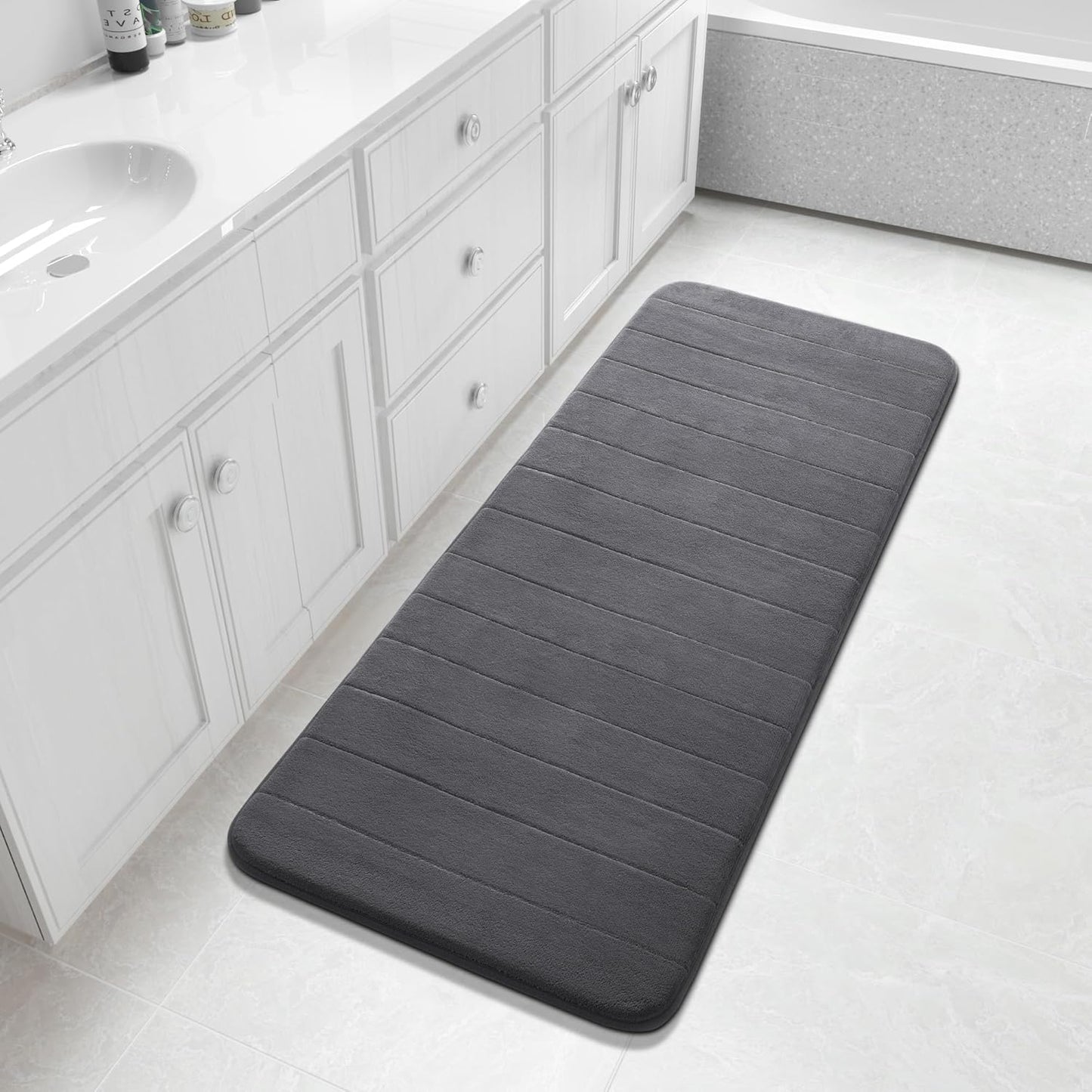 Yimobra Bathroom Runner 55"x24", Non Slip Memory Foam Bath Mat, Super Soft Water Absorbent Hallway Carpet, Machine Washable Rug for Vanity Tub Shower, Dark Gray