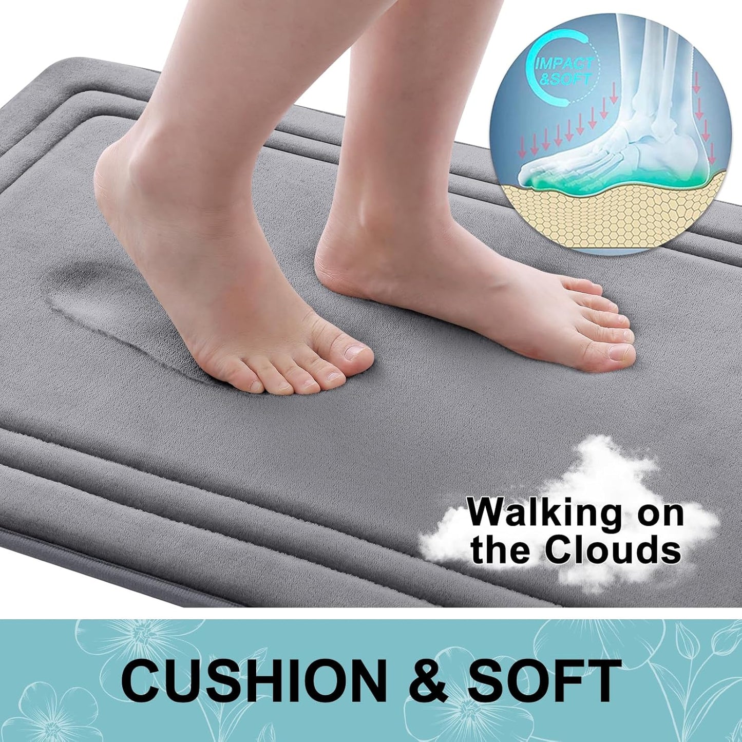 Grandaily Memory Foam Bath Mat Rug 24x16, Ultra Soft, Non-Slip and Absorbent Bathroom Rugs, Machine Wash Dry, Comfortable Bath Carpet for Bathroom Floor, Tub and Shower, Medium Grey