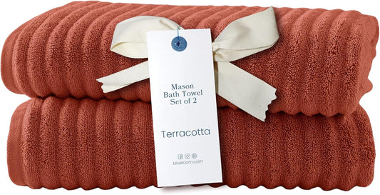 Blue Loom Ribbed Bath Towels Set, 100% Cotton 600 GSM, Soft Absorbent Durable Quick Drying 2 Bath Towels for Bathroom - Mason Set of 2 Terracotta Red (58" x 30" Inch)