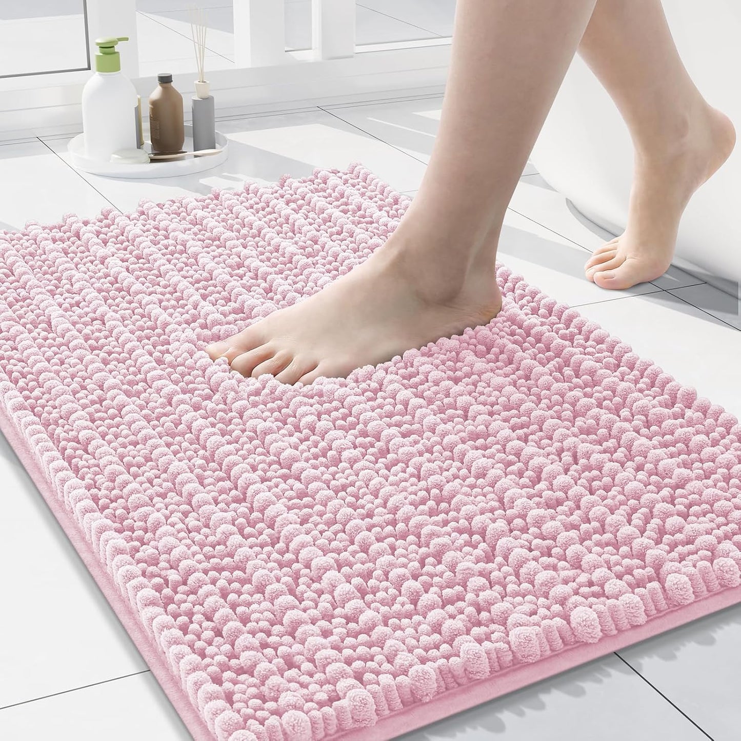 Arotive Luxury Chenille Bathroom Rug Mat, Extra Soft Thick Absorbent Shaggy Bath Rugs, Non-Slip Machine Wash Dry, Plush Bath Mats for Bathroom, Shower and Tub, 30x17, Pink