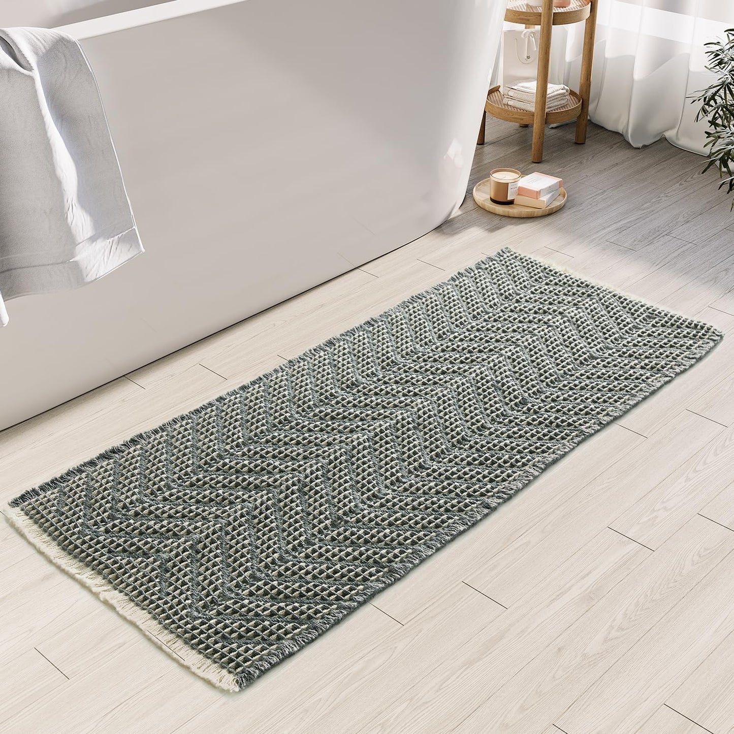Bath Rugs Boho Bath Mat,Upgraded Waffle Bath mat,Super Absorbent Non Slip Bath Rugs,Machine Washable Rugs for Shower Room, Rubber Backing Bath Mats, Ultra Soft,Bluish Grey & Yellow,19"*48"