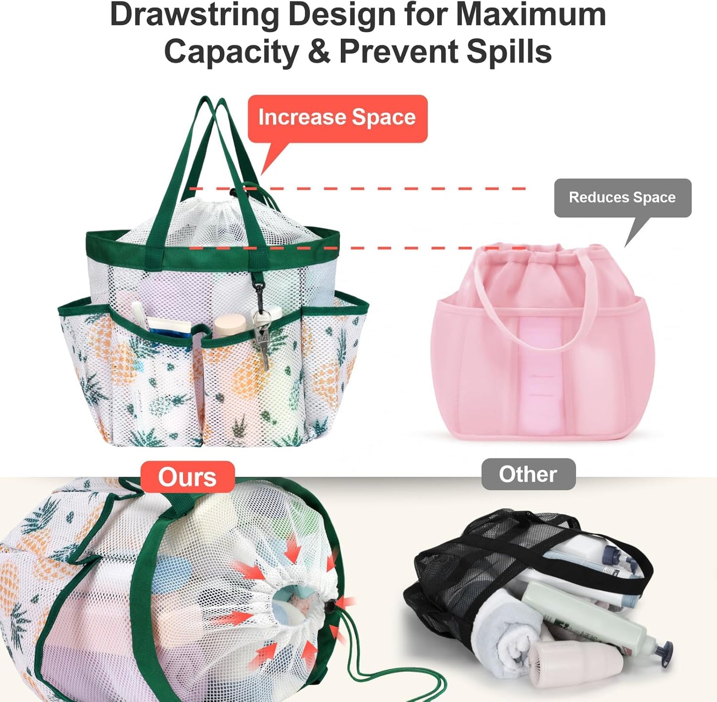 F-color Mesh Shower Caddy Portable with Drawstring - Upgrade Deeper 7 Pockets Dorm Room Essentials for Guys Girls with S Hook, Shower Bag Basket Tote for College Camping Bathroom, Green Pineapple