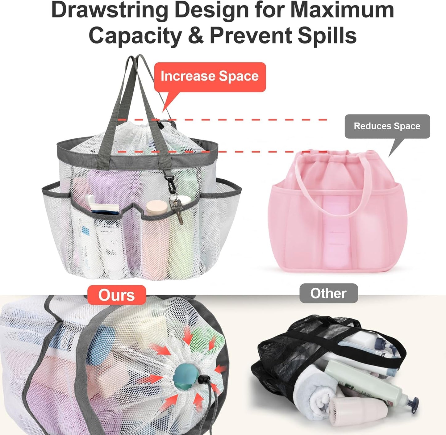 F-color Mesh Shower Caddy Portable with Drawstring - Upgrade Deeper 7 Pockets Dorm Room Essentials for Guys Girls with S Hook, Shower Bag Basket Tote for College Camping Toiletry Bathroom, White